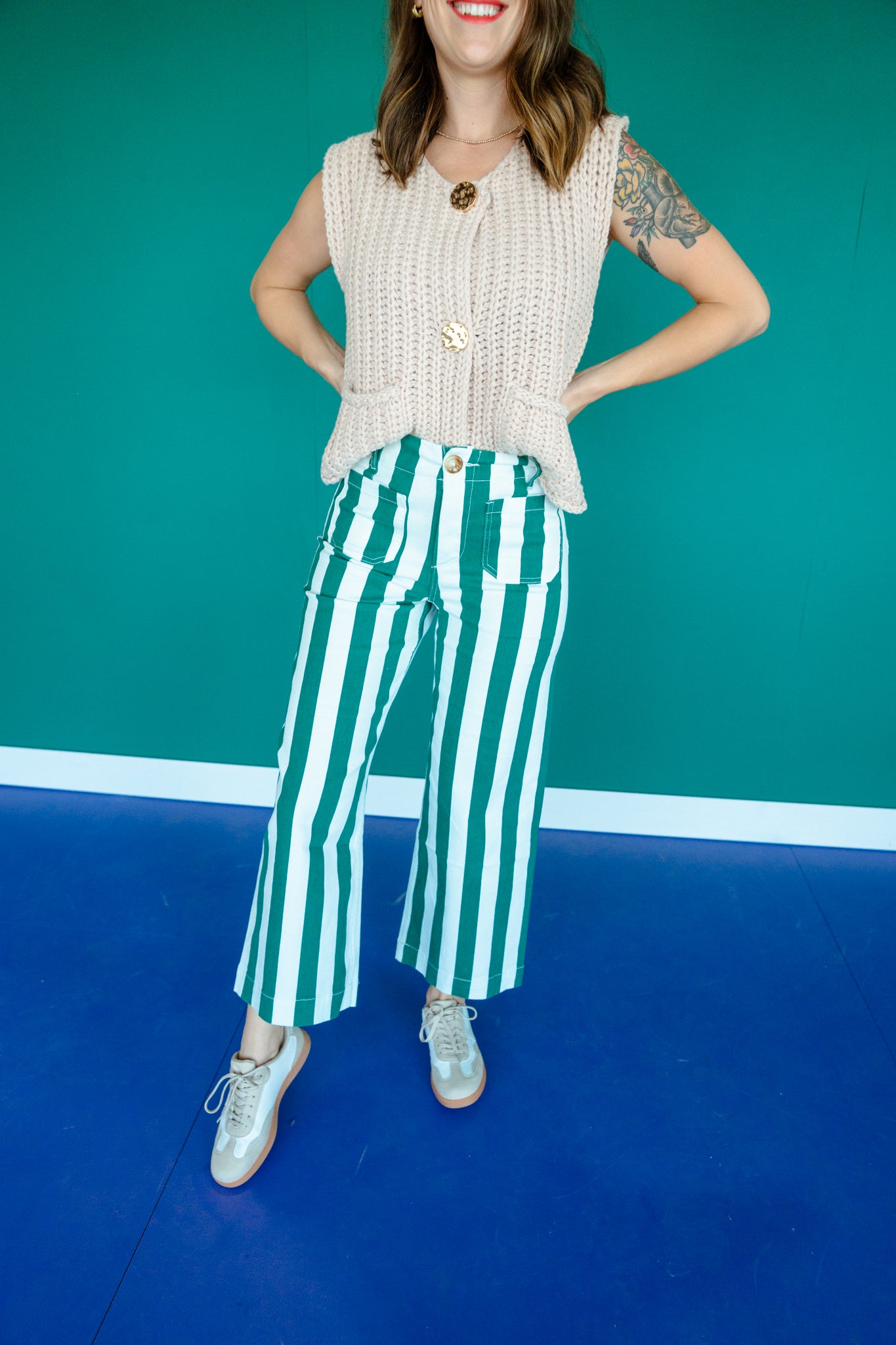 Brandie Striped Wide Leg Pants - Pine / Forest
