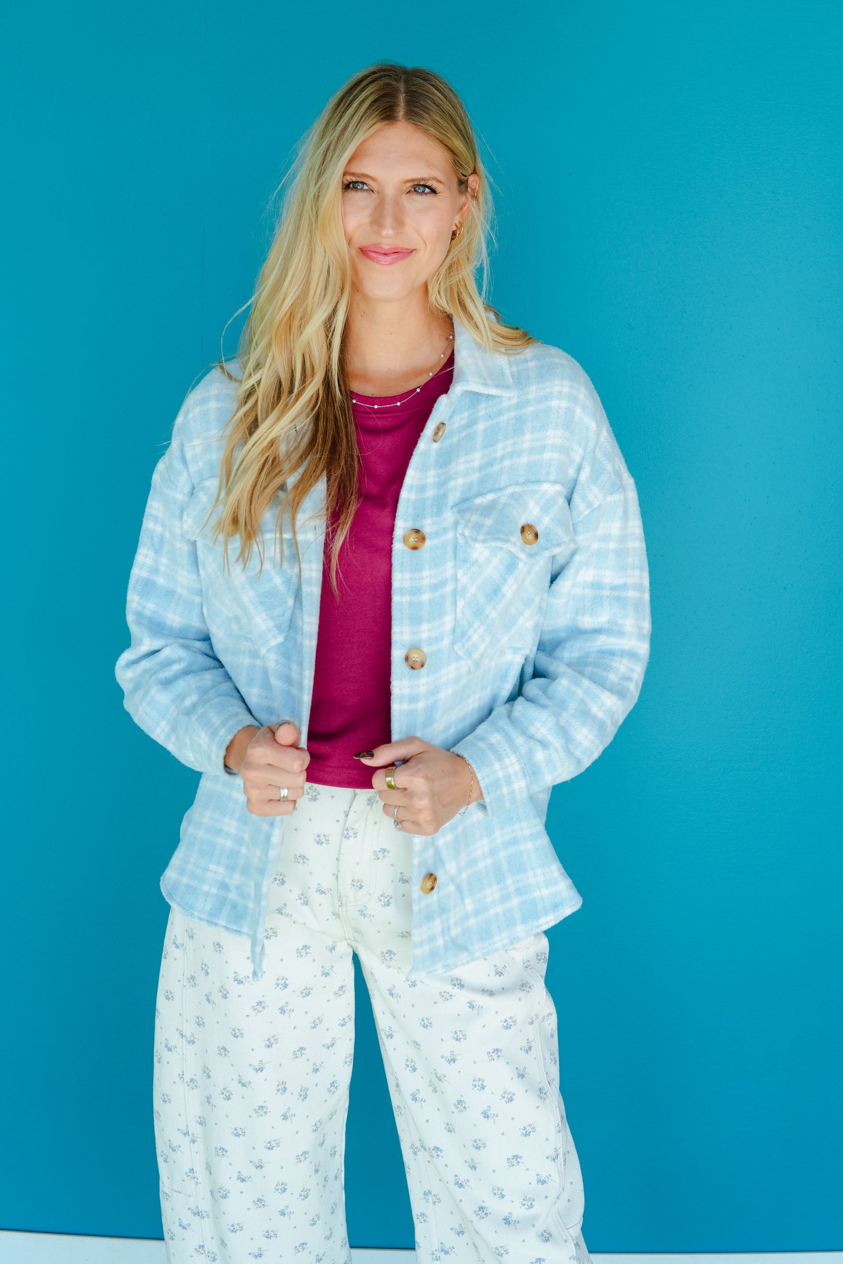Falling For You Plaid Shacket - Powder Blue