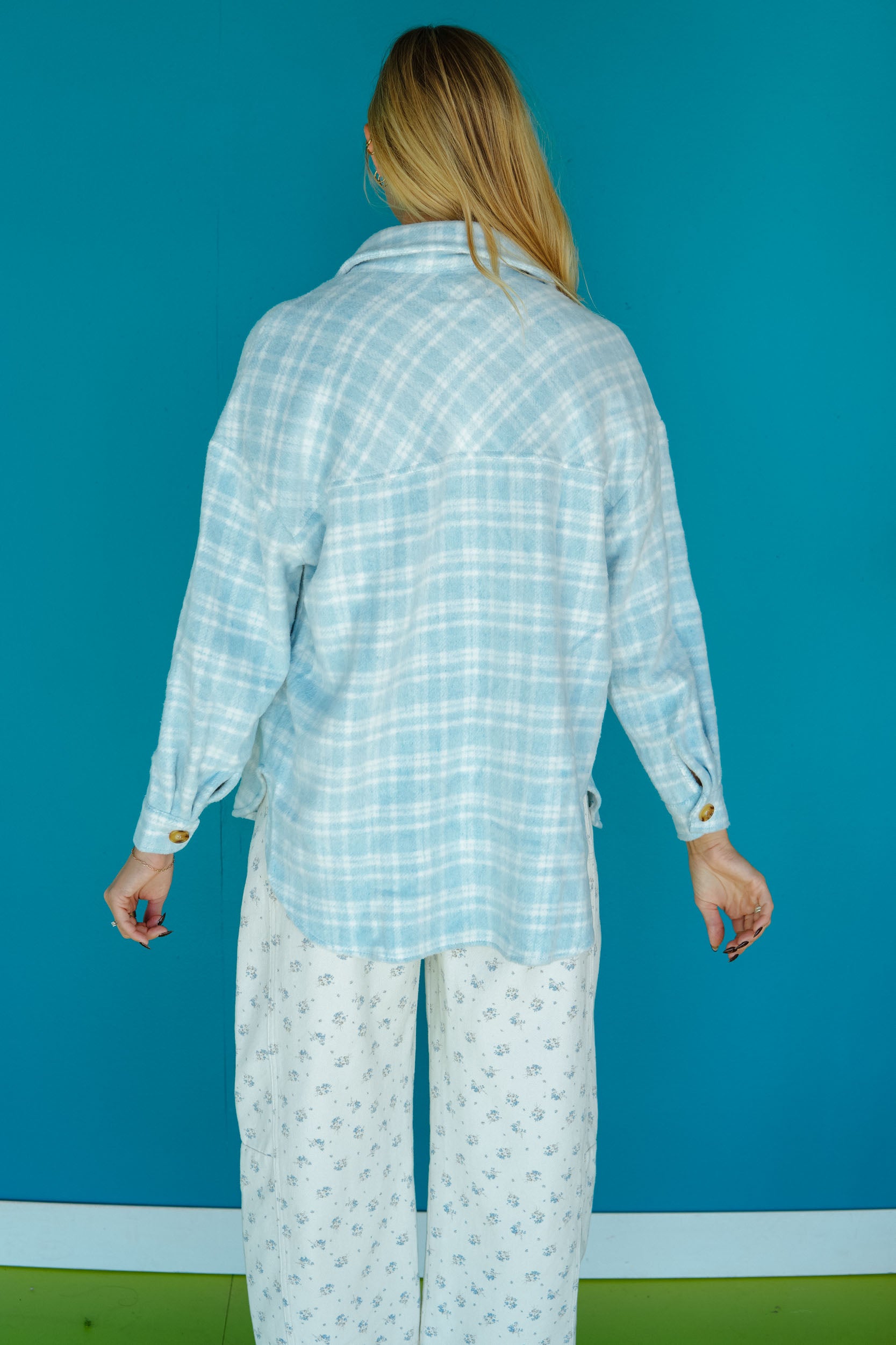 Falling For You Plaid Shacket - Powder Blue