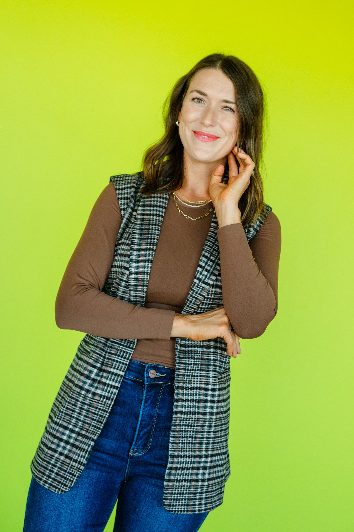 Blair Plaid Tie Waist Vest - Beige + Rust