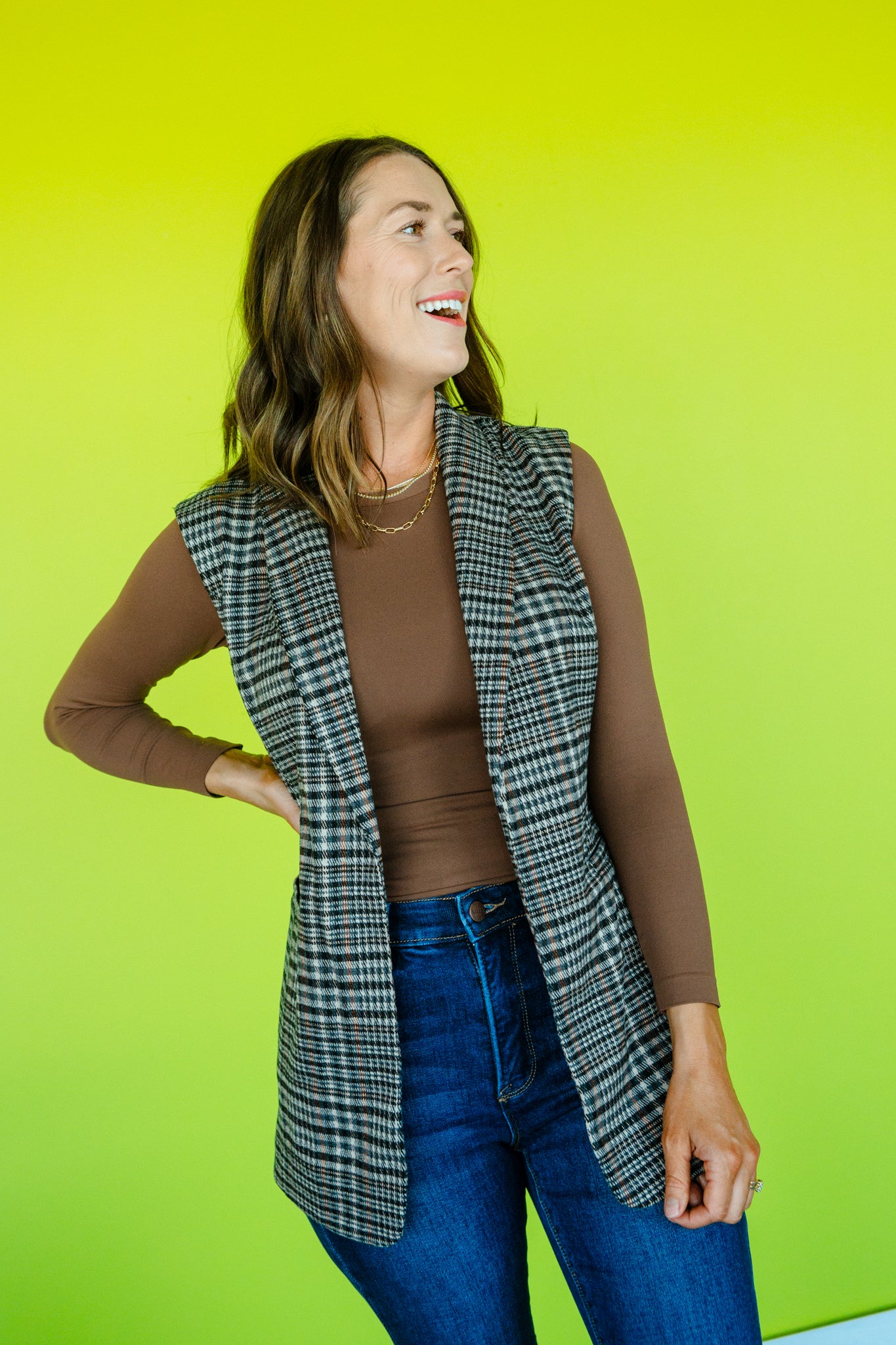 Blair Plaid Tie Waist Vest - Beige + Rust