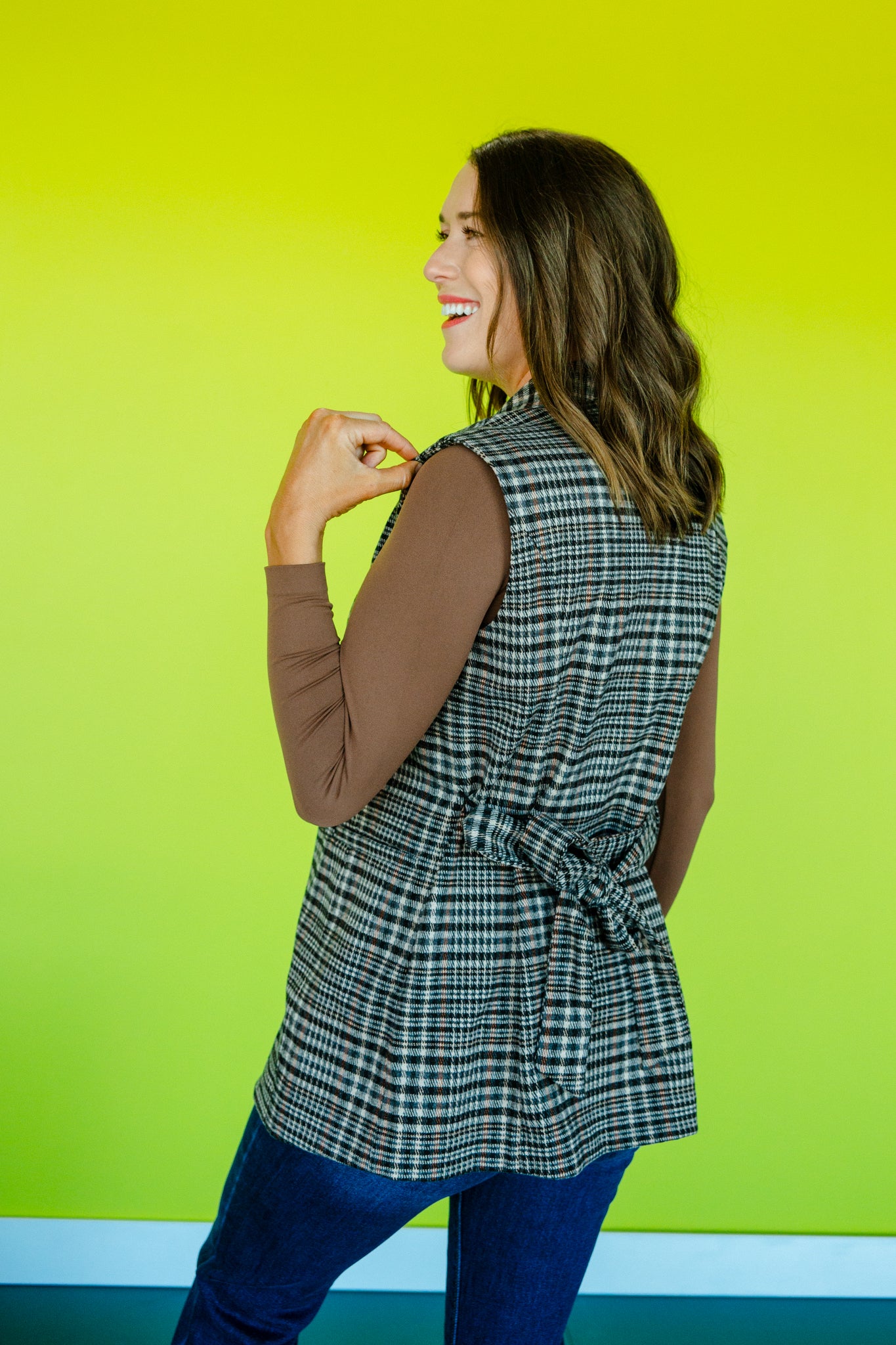 Blair Plaid Tie Waist Vest - Beige + Rust