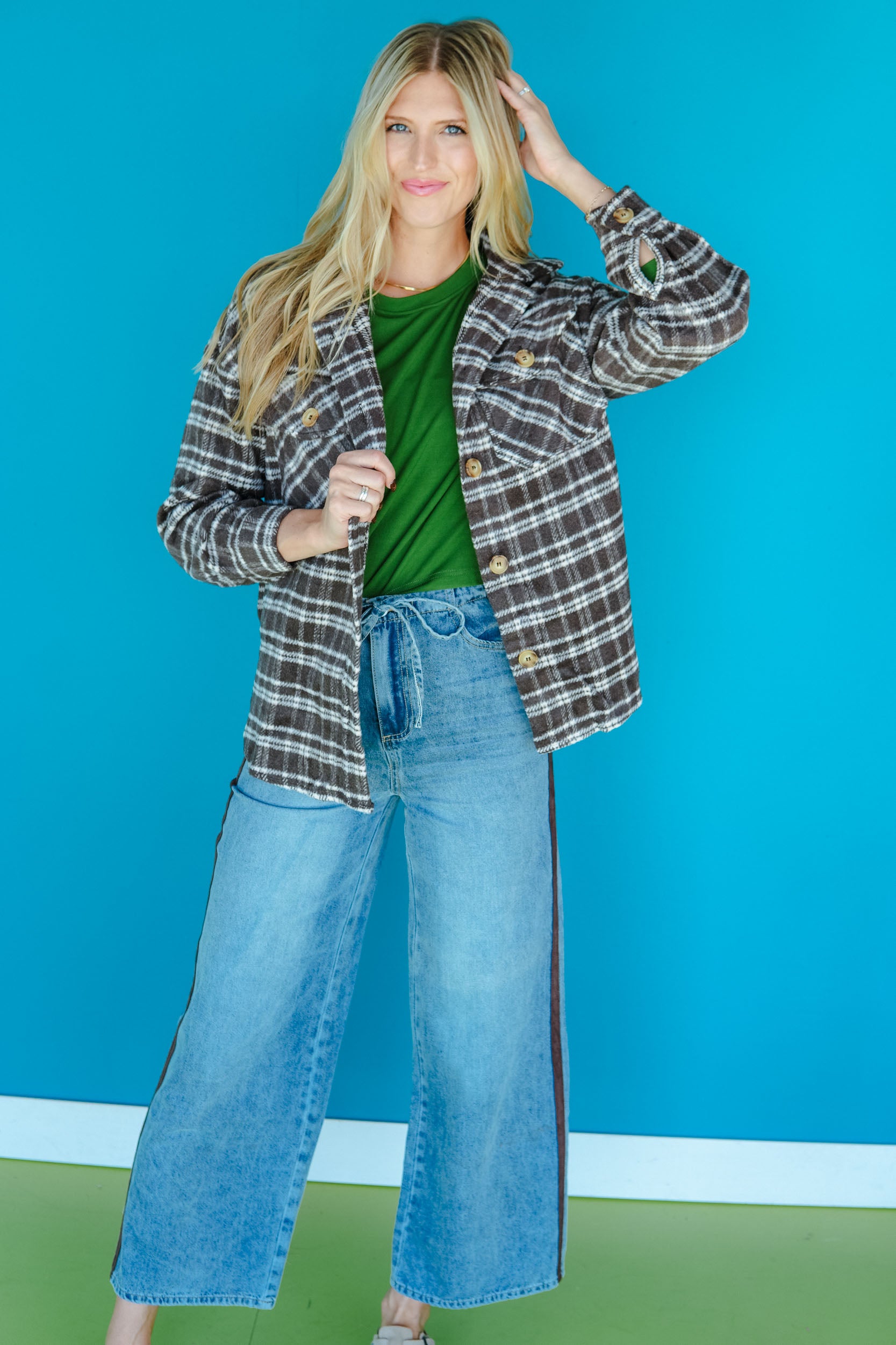 Falling For You Plaid Shacket - Dark Brown