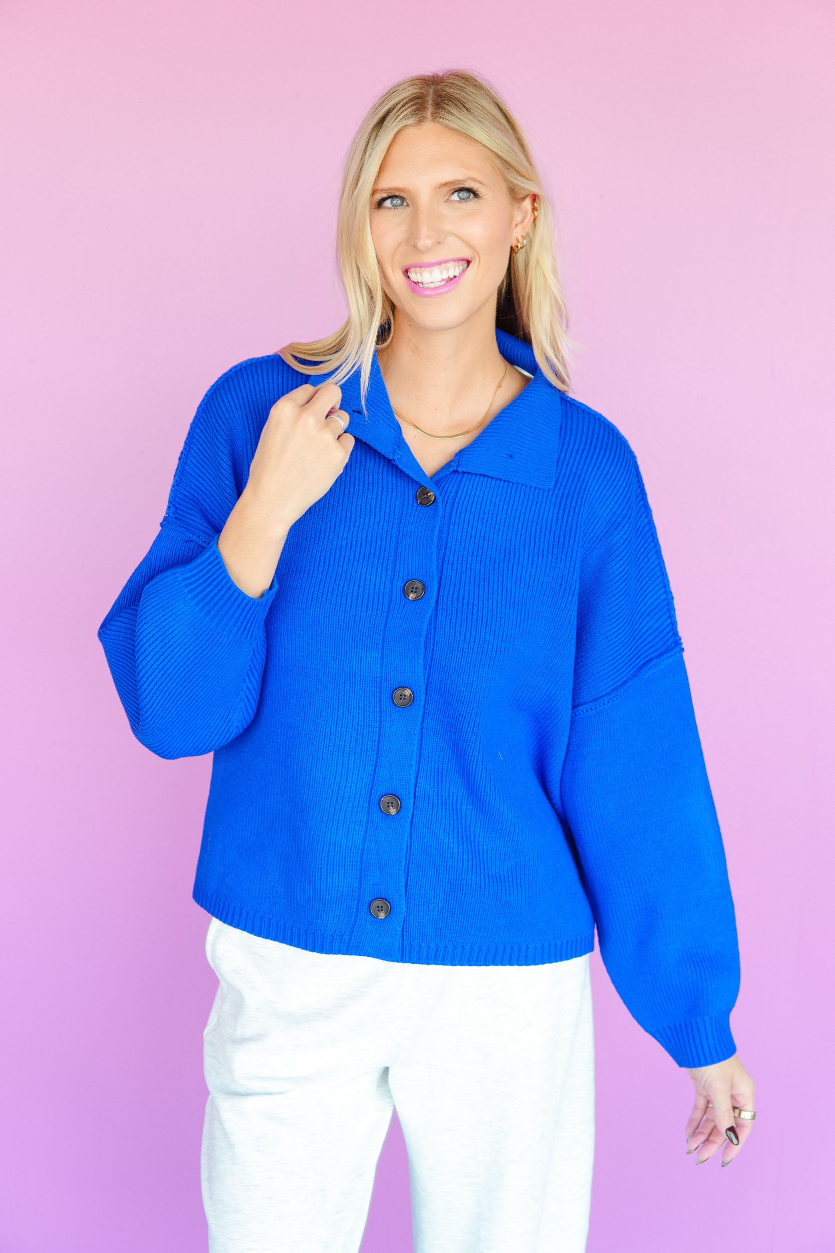 Weekend Mode Button Up Cardigan - Vibrant Vibrant Bright Navy