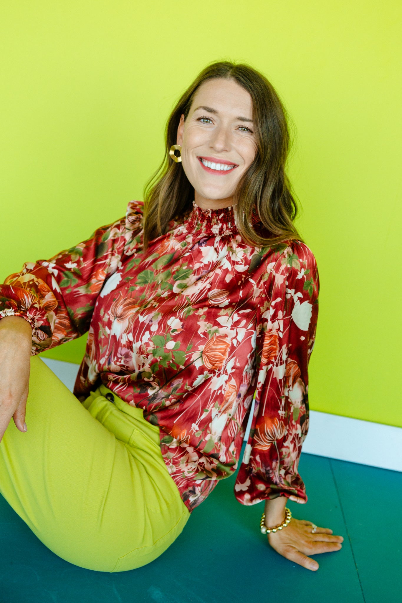 Brezlyn Mock Neck Blouse - Chestnut + Rosewood + Olive