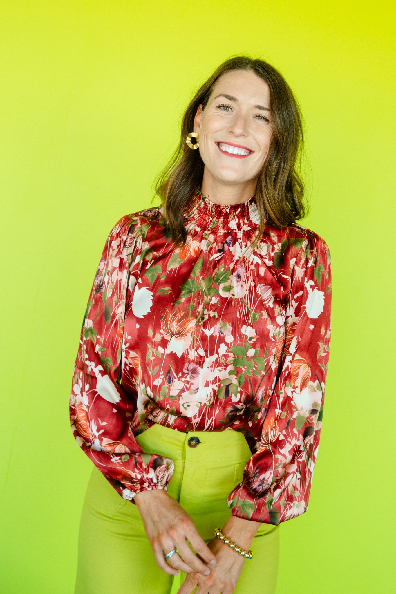 Brezlyn Mock Neck Blouse - Chestnut + Rosewood + Olive