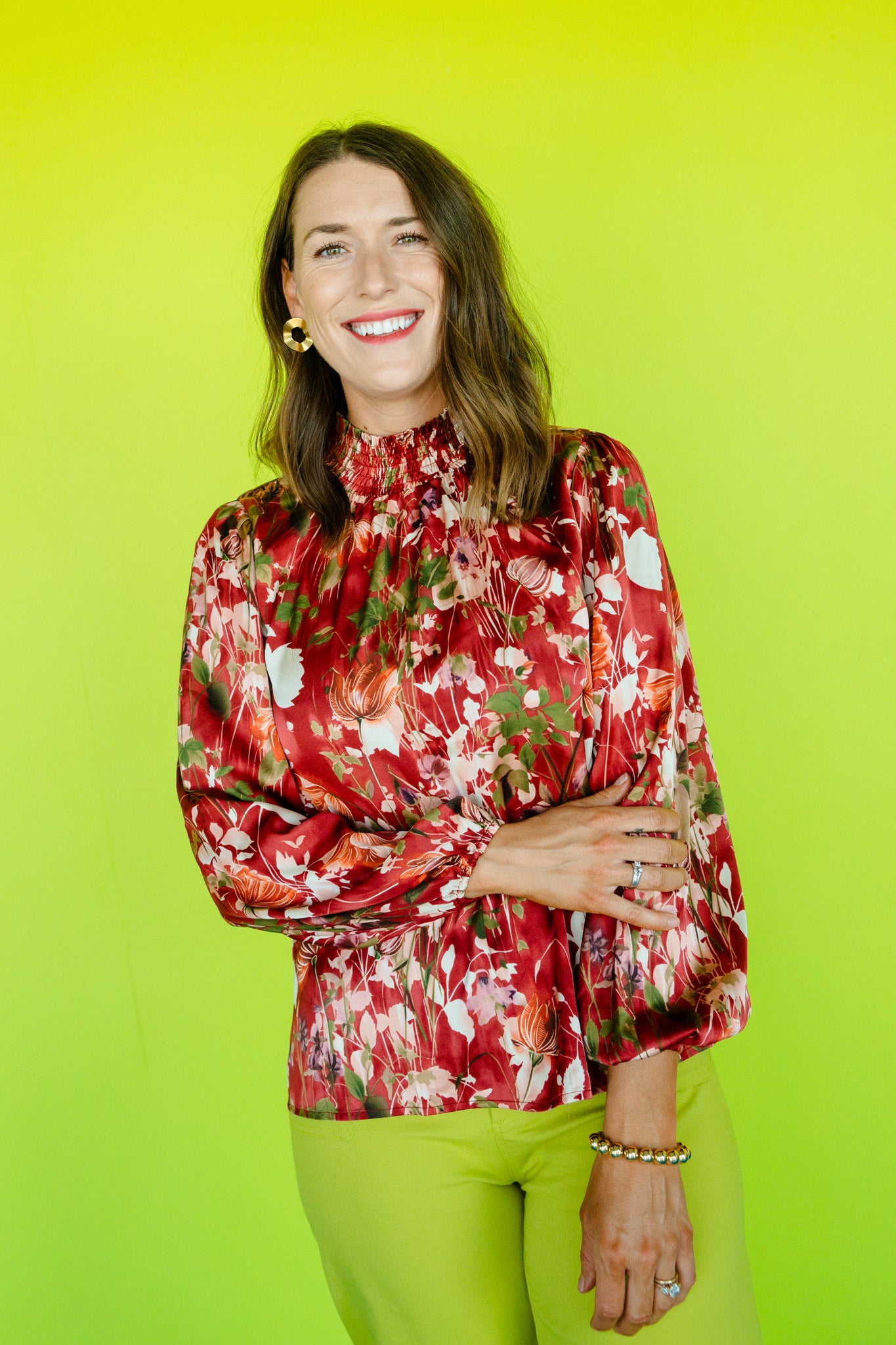 Brezlyn Mock Neck Blouse - Chestnut + Rosewood + Olive