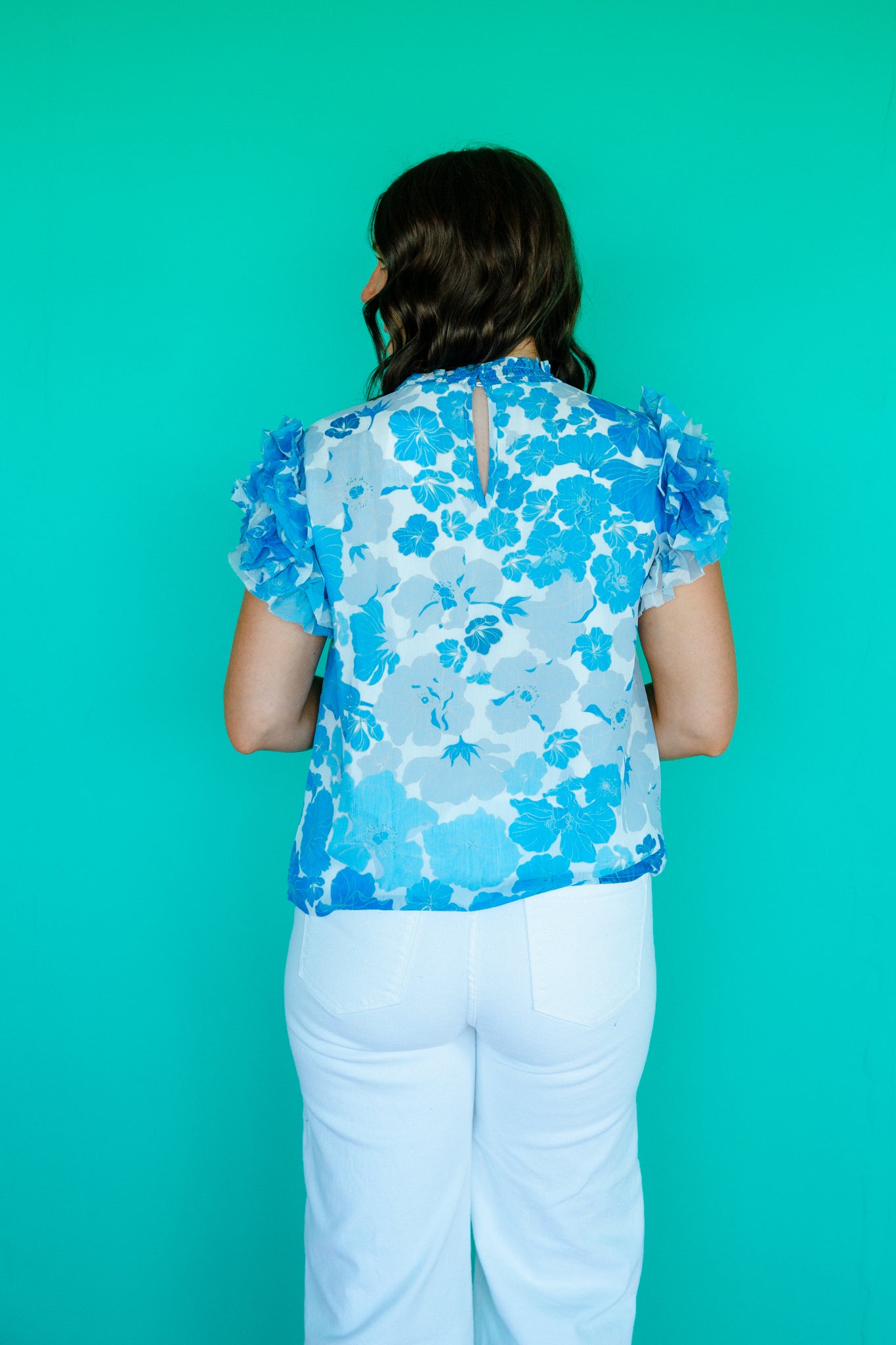 Brenda Mock Neck Ruffle Blouse - Sky Blue + Soft White