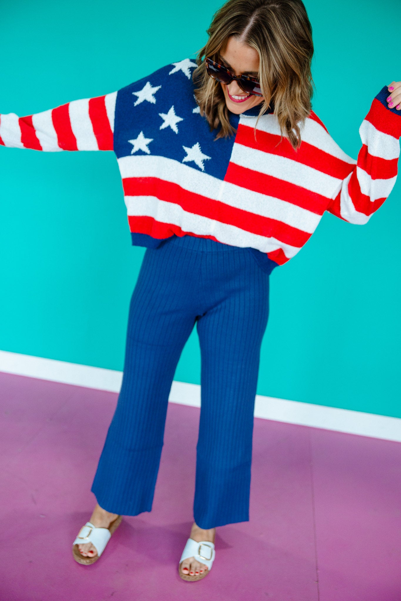 Stars and Stripes Knit Sweater - Navy + Cool Red
