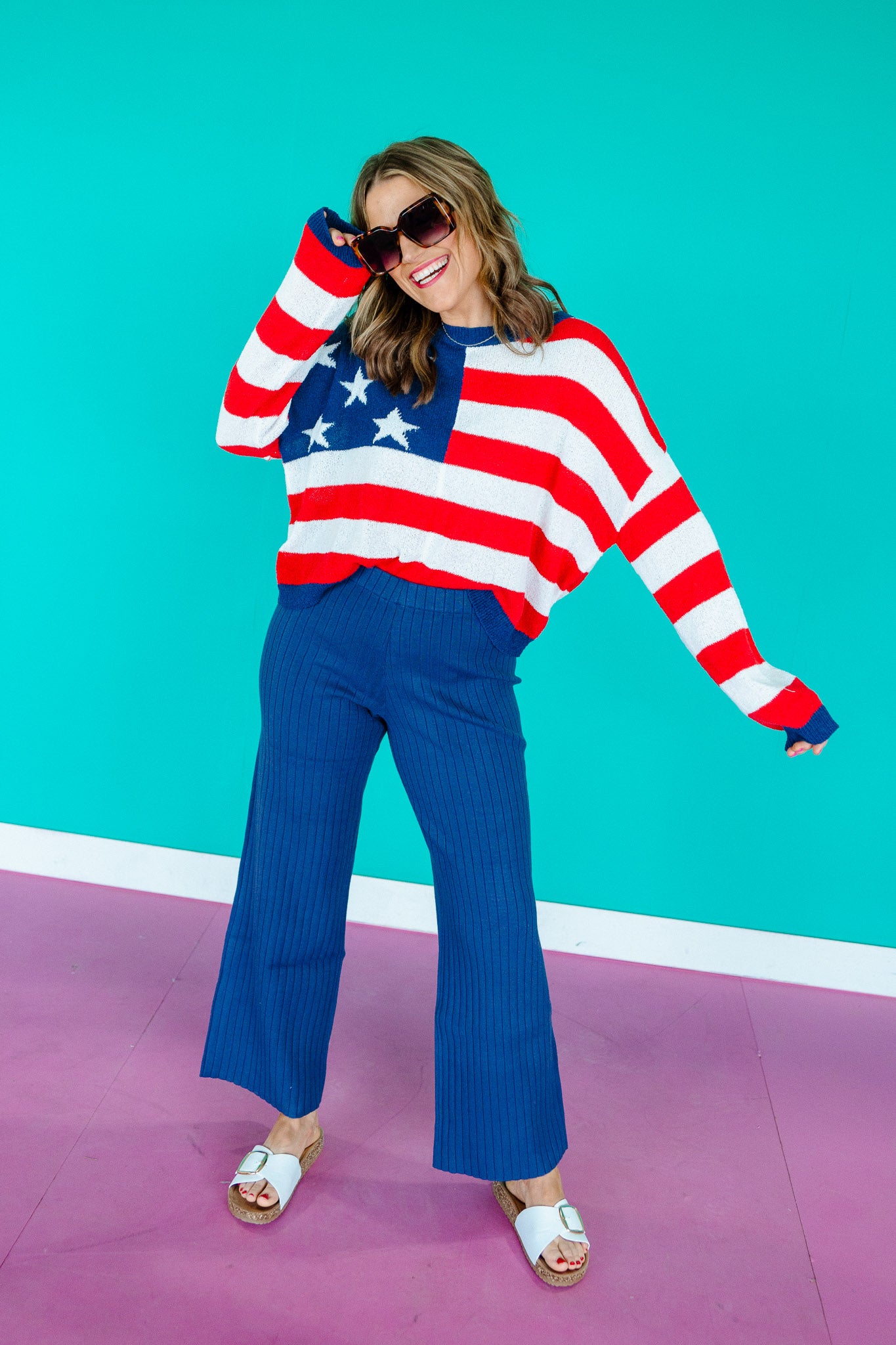 Stars and Stripes Knit Sweater - Navy + Cool Red