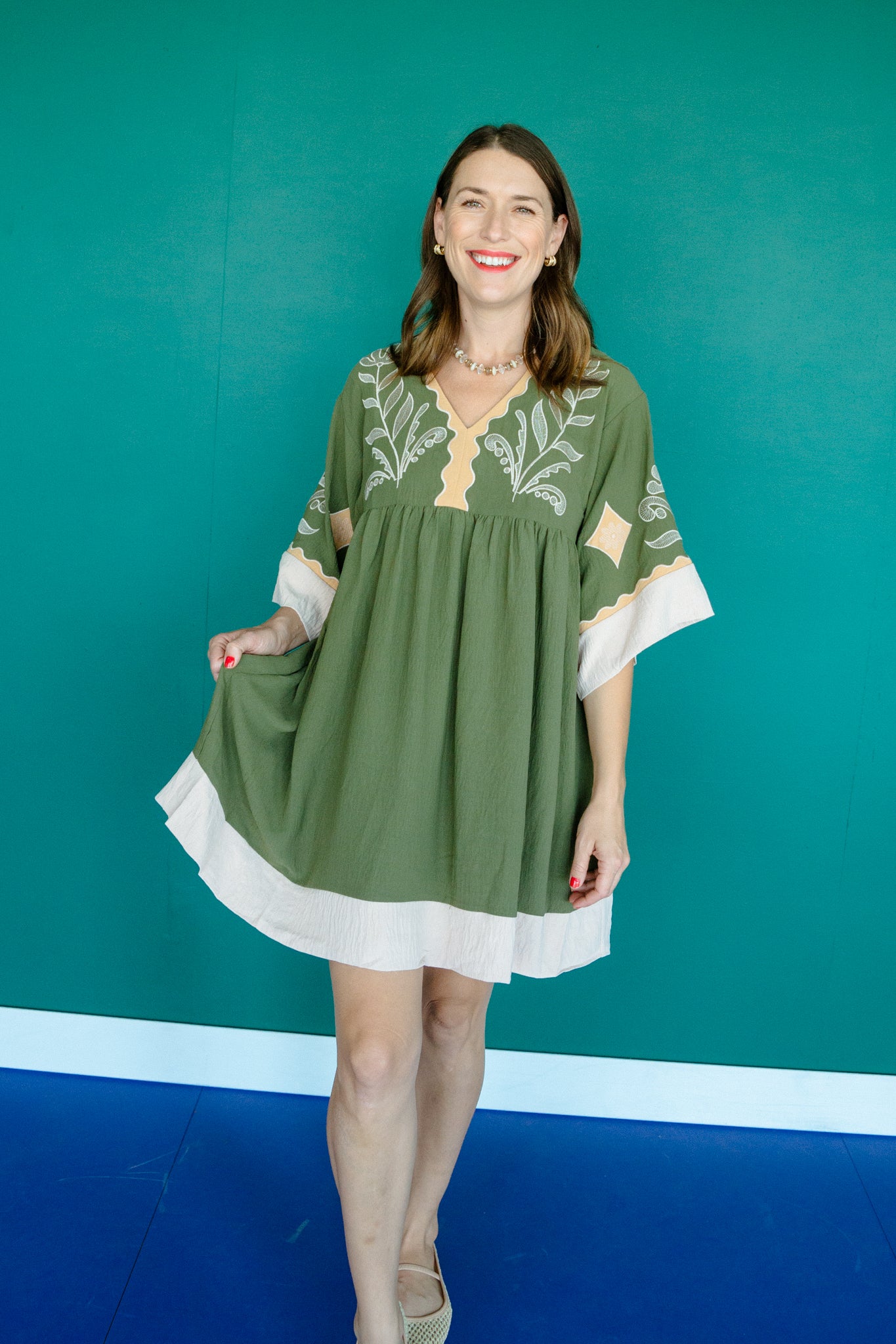 Cory V-Neck Babydoll Dress - Olive + Mustard
