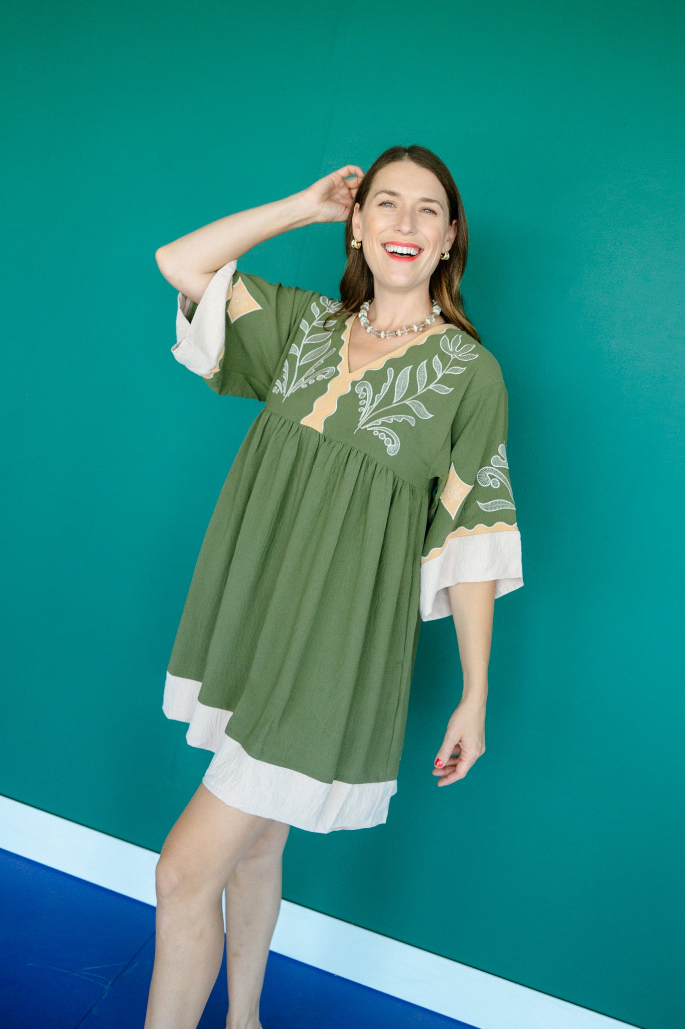 Cory V-Neck Babydoll Dress - Olive + Mustard
