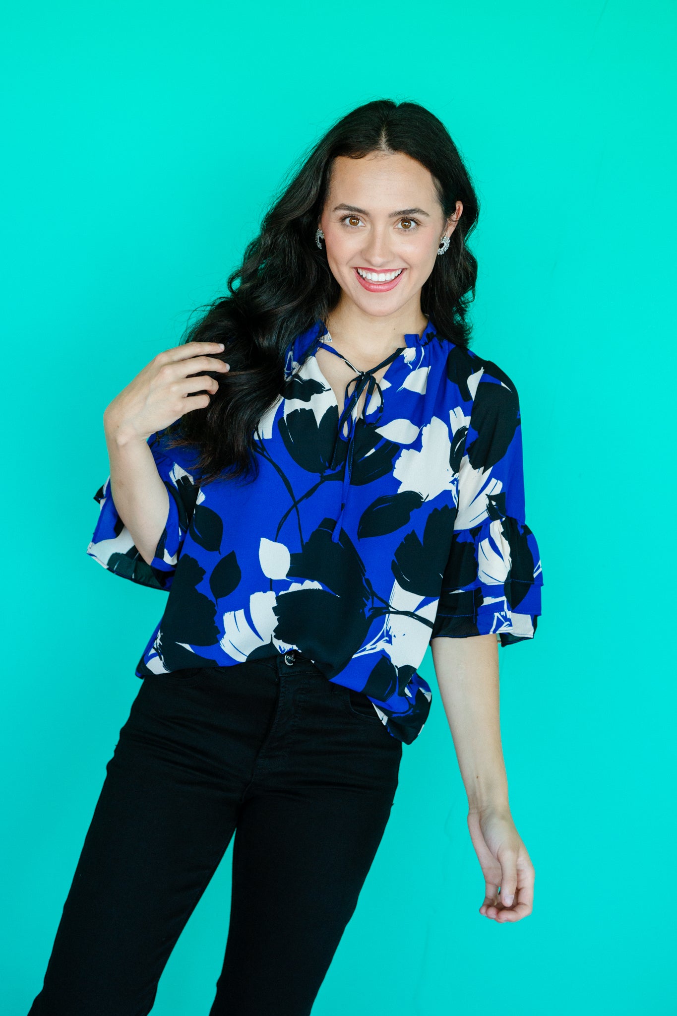 Elias Split Neck Ruffle Blouse - Royal Blue + Black