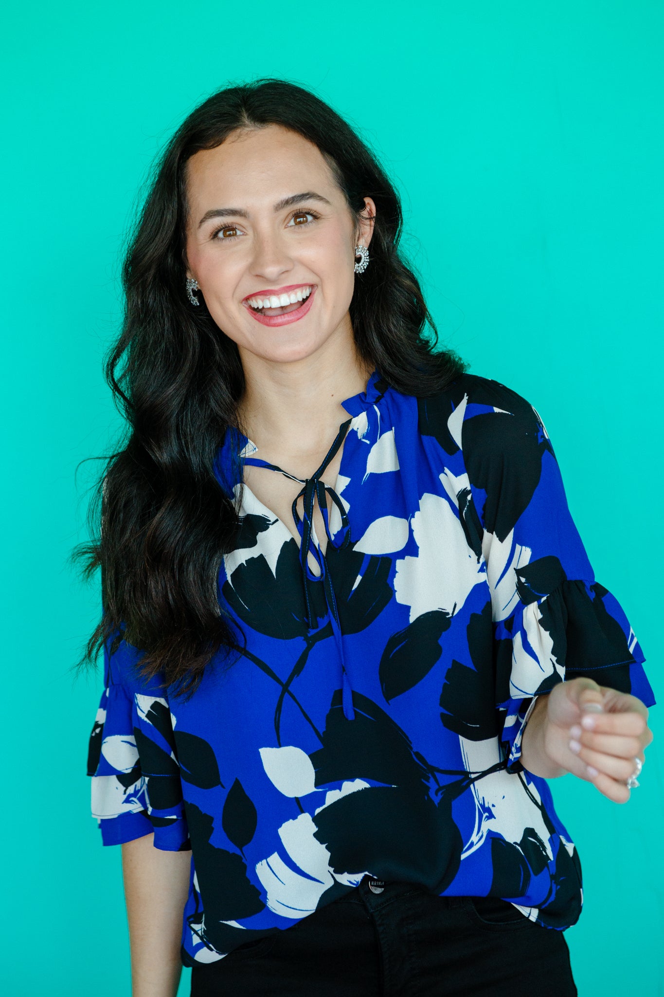 Elias Split Neck Ruffle Blouse - Royal Blue + Black