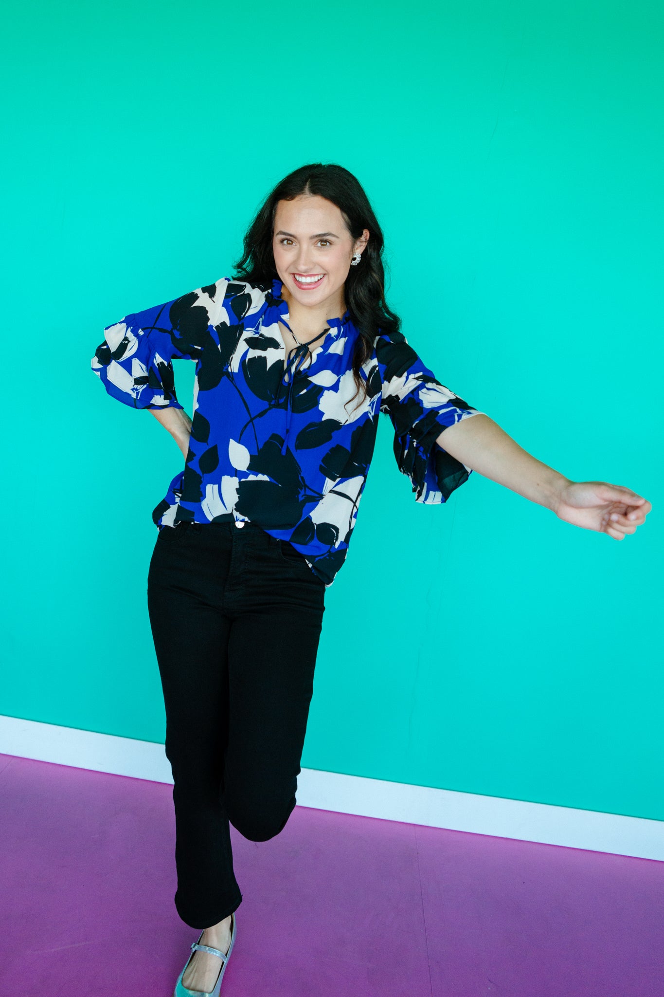 Elias Split Neck Ruffle Blouse - Royal Blue + Black