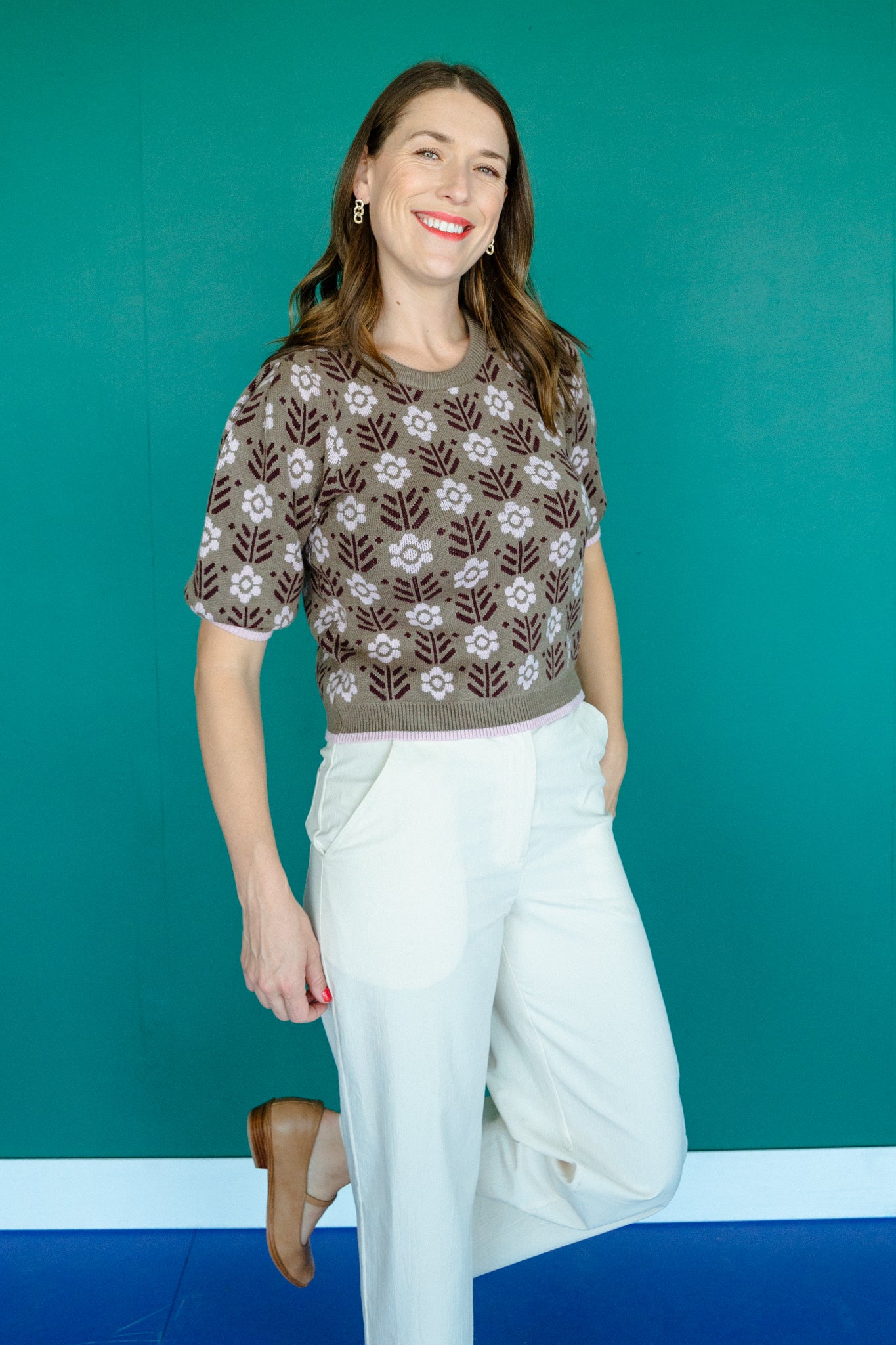 Ellen Short Sleeve Sweater - Olive + Light Rosewood