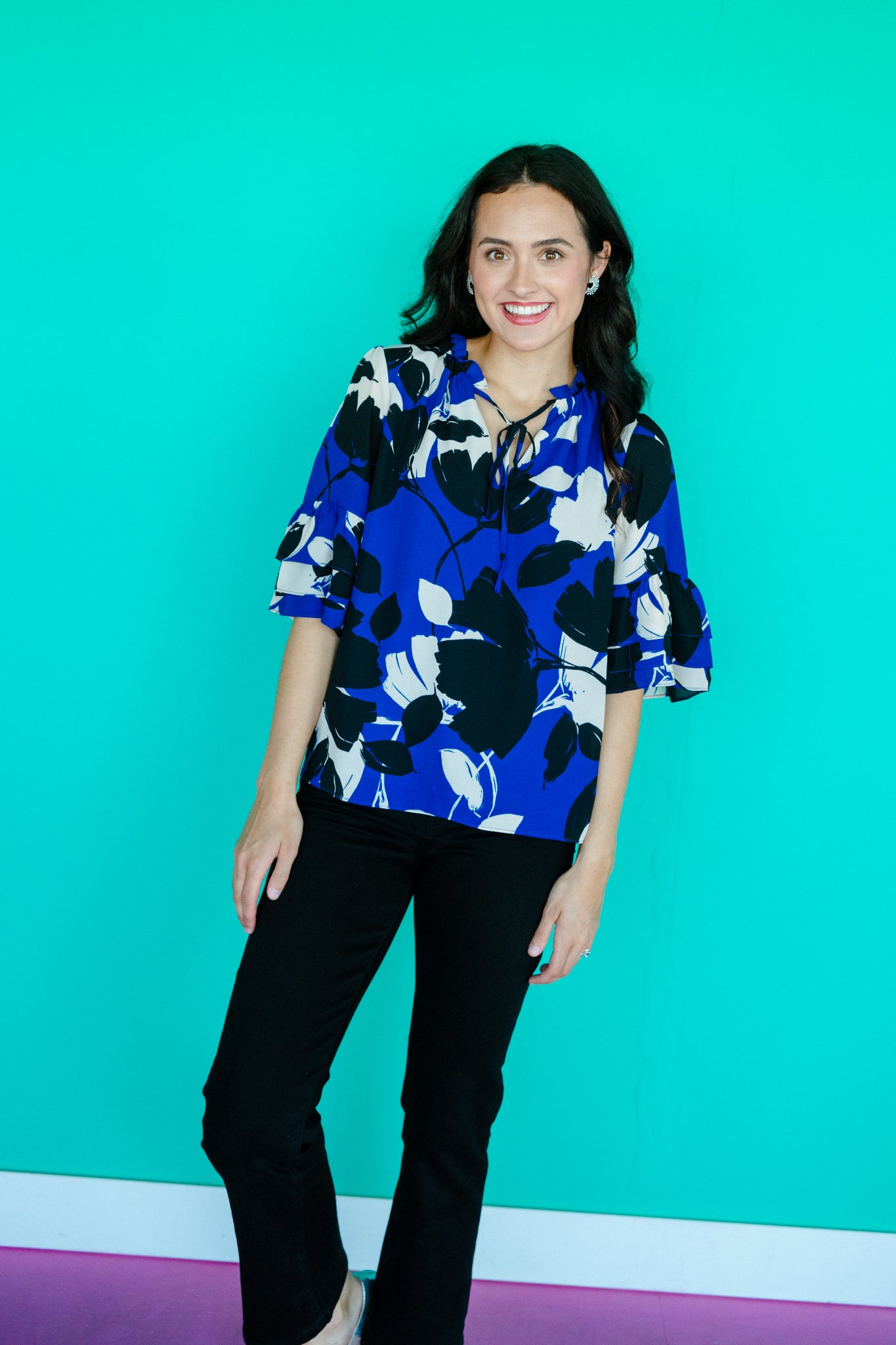 Elias Split Neck Ruffle Blouse - Royal Blue + Black