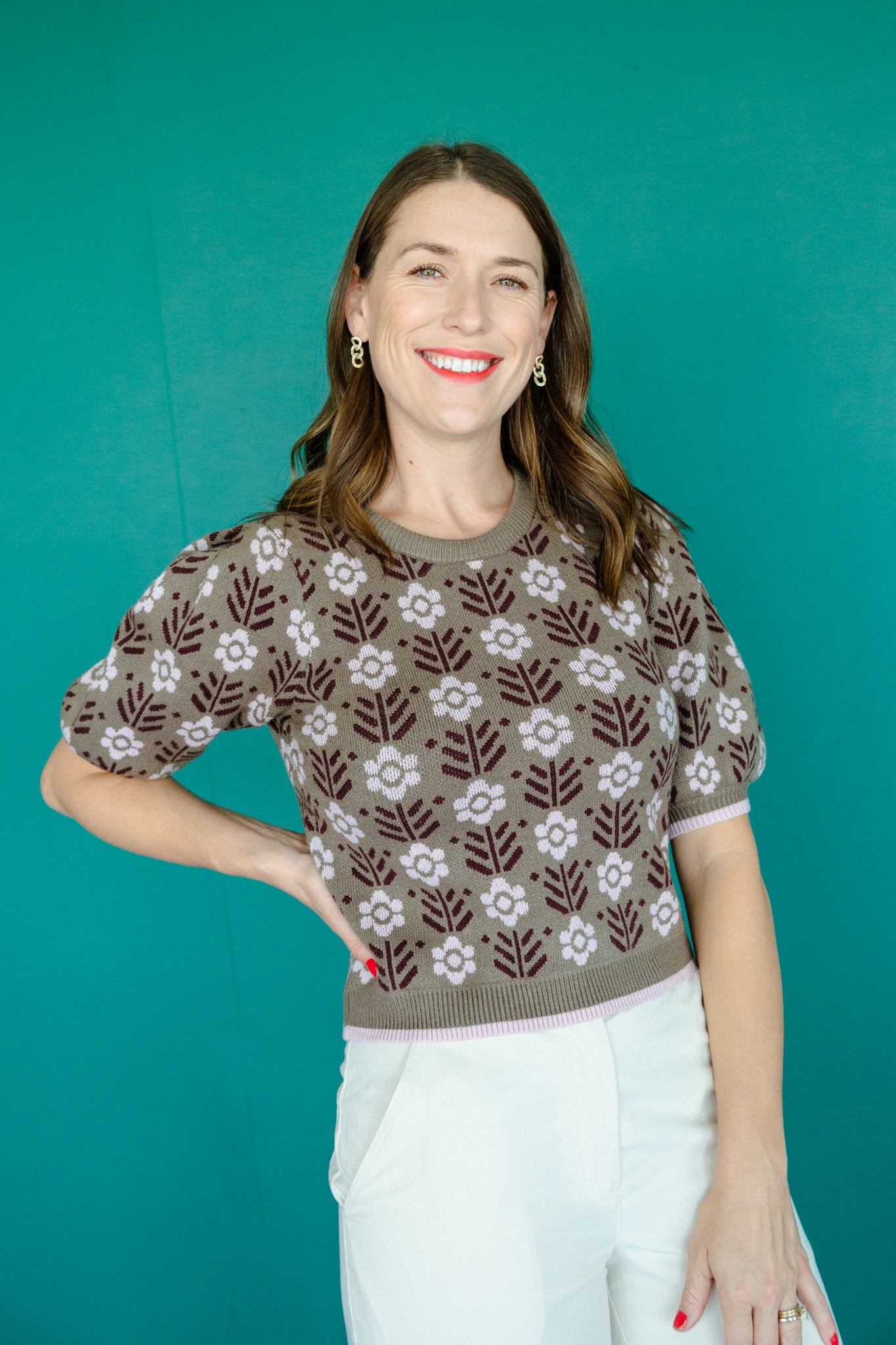 Ellen Short Sleeve Sweater - Olive + Light Rosewood