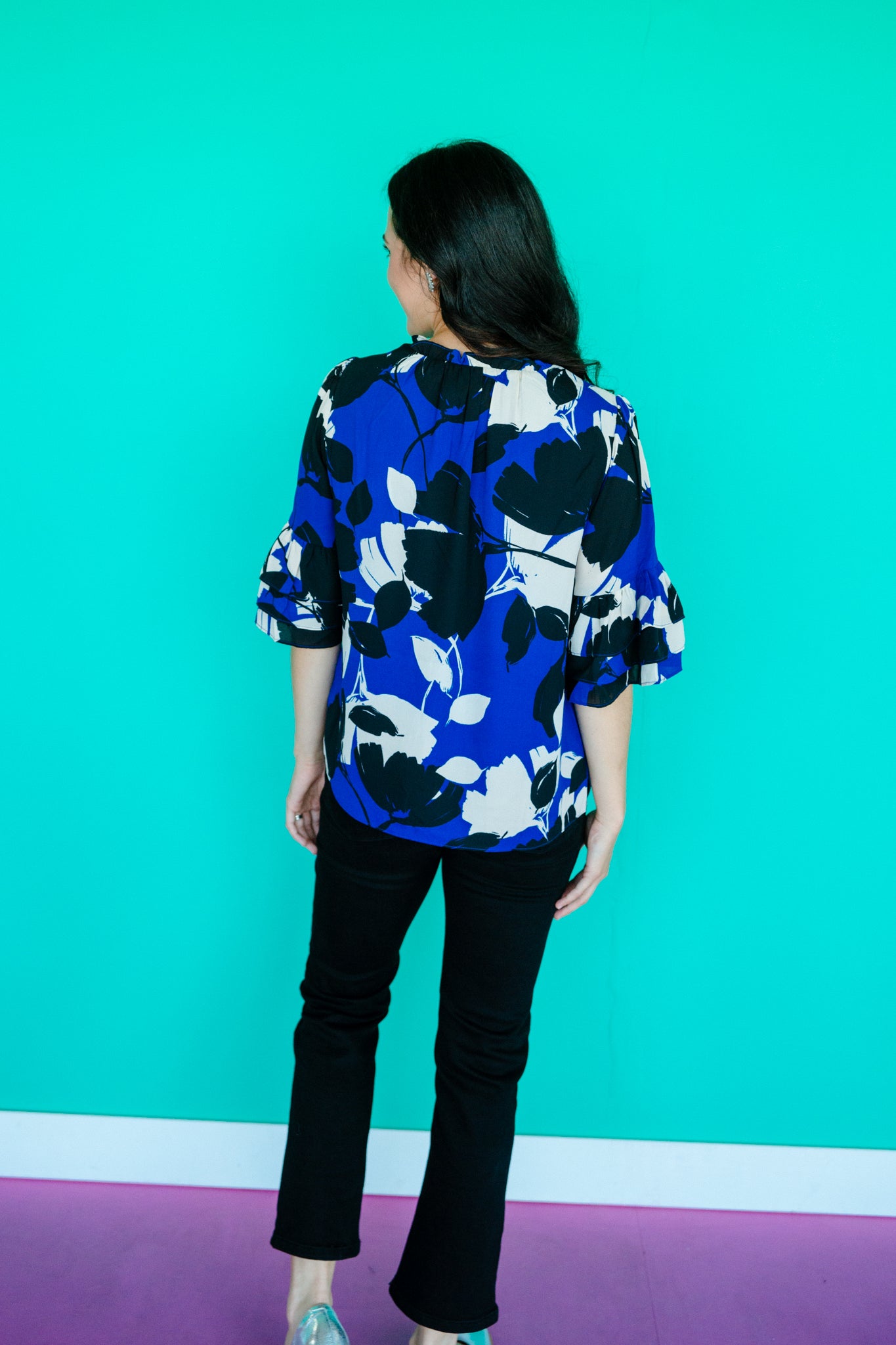 Elias Split Neck Ruffle Blouse - Royal Blue + Black