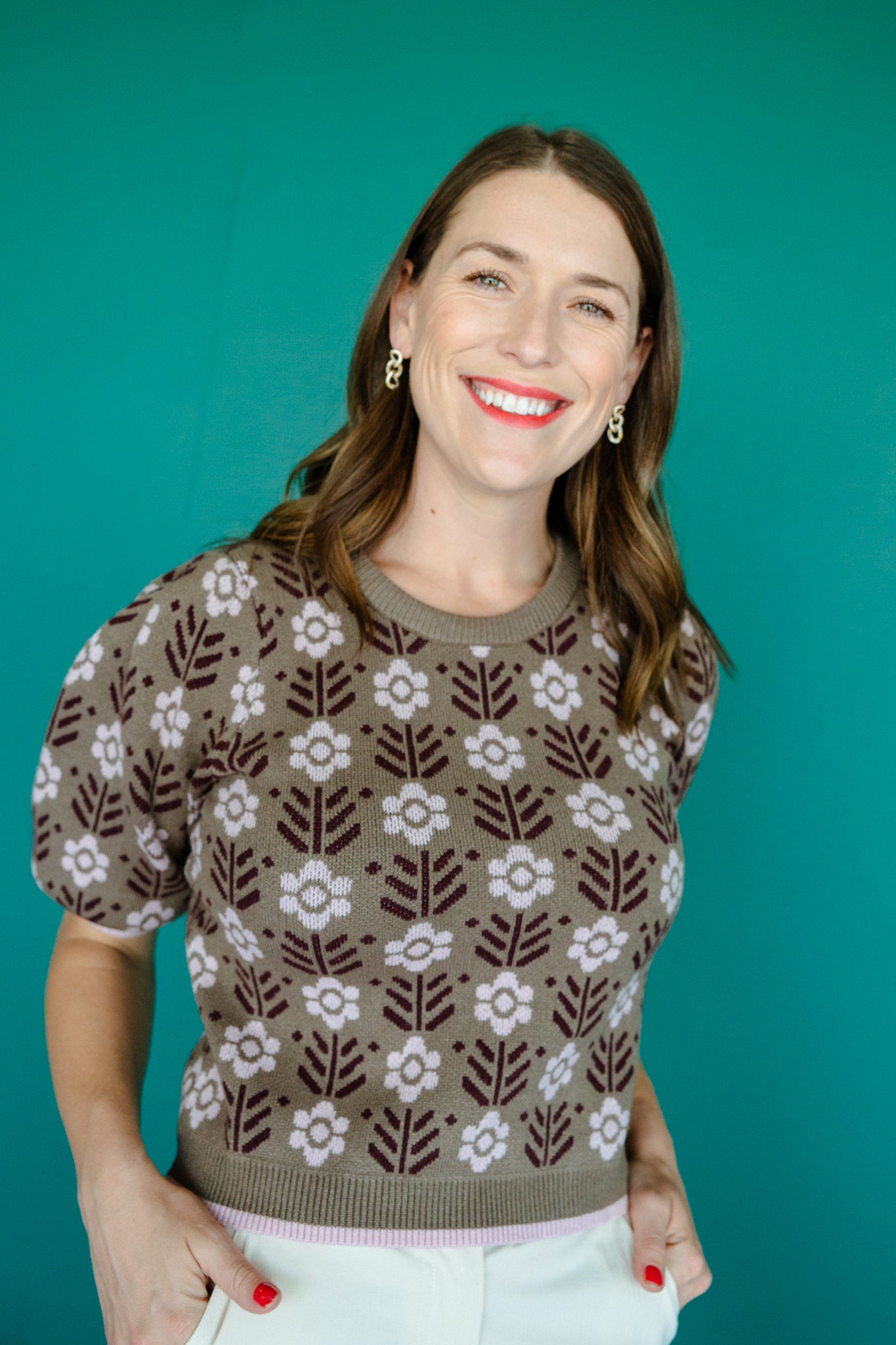 Ellen Short Sleeve Sweater - Olive + Light Rosewood