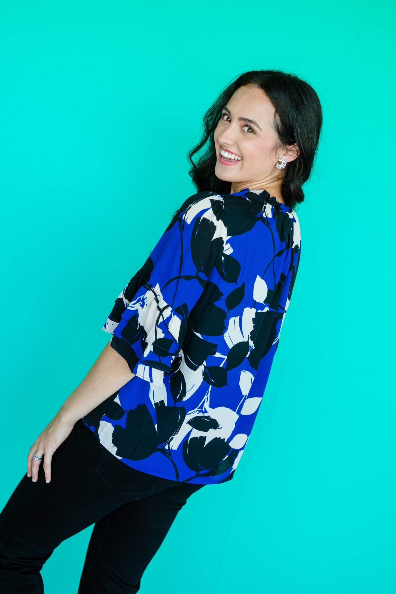 Elias Split Neck Ruffle Blouse - Royal Blue + Black