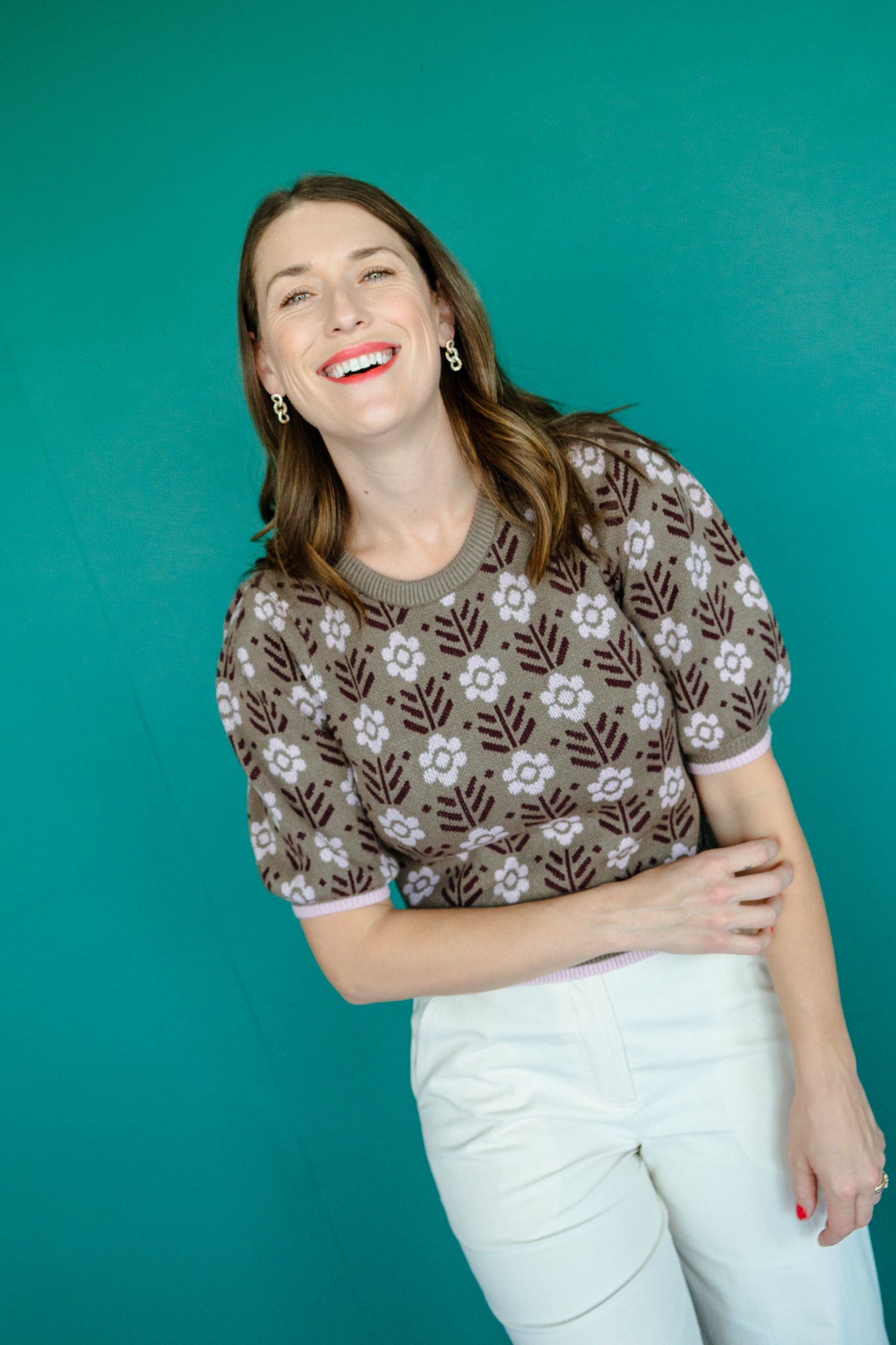 Ellen Short Sleeve Sweater - Olive + Light Rosewood