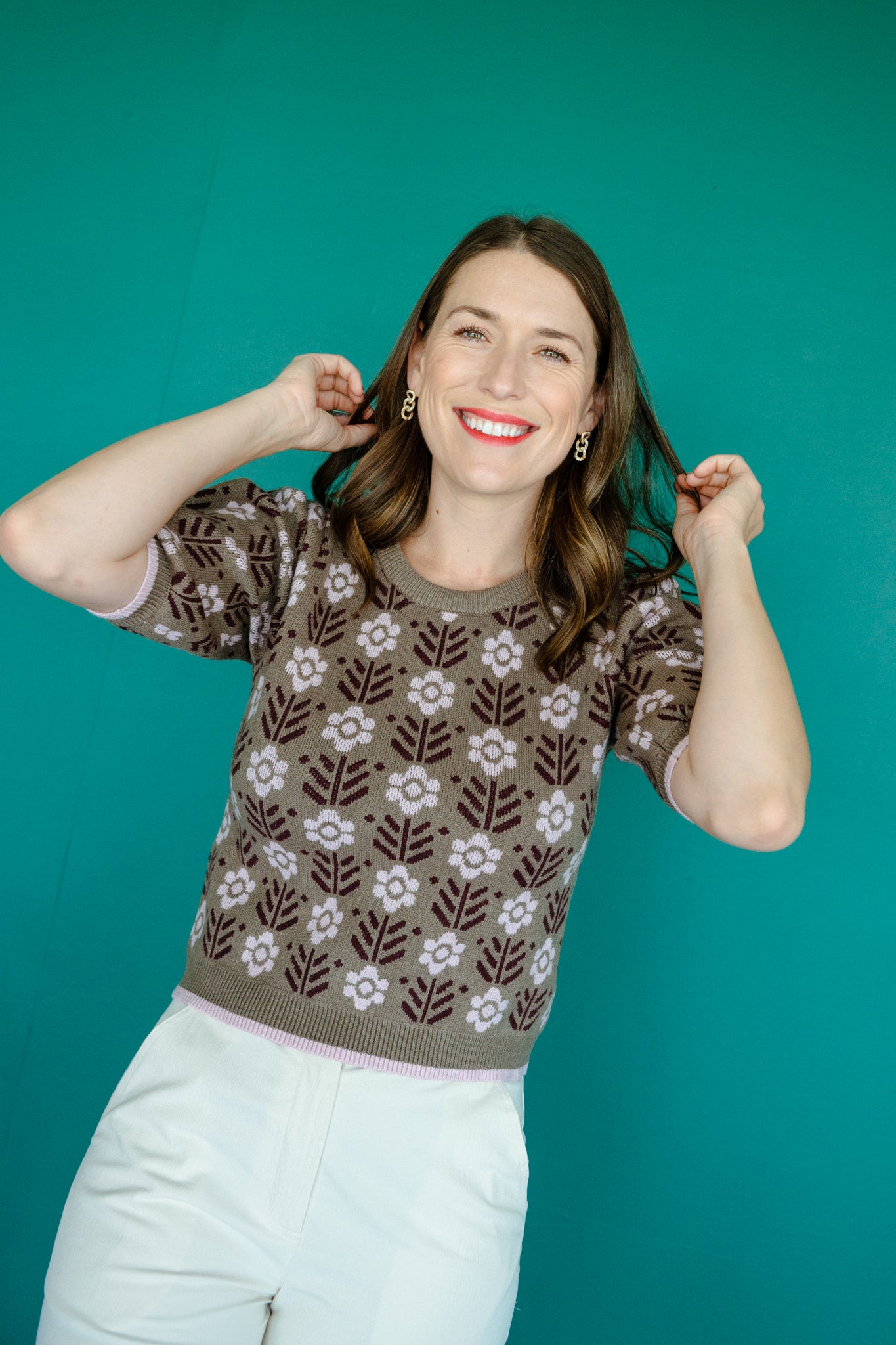 Ellen Short Sleeve Sweater - Olive + Light Rosewood