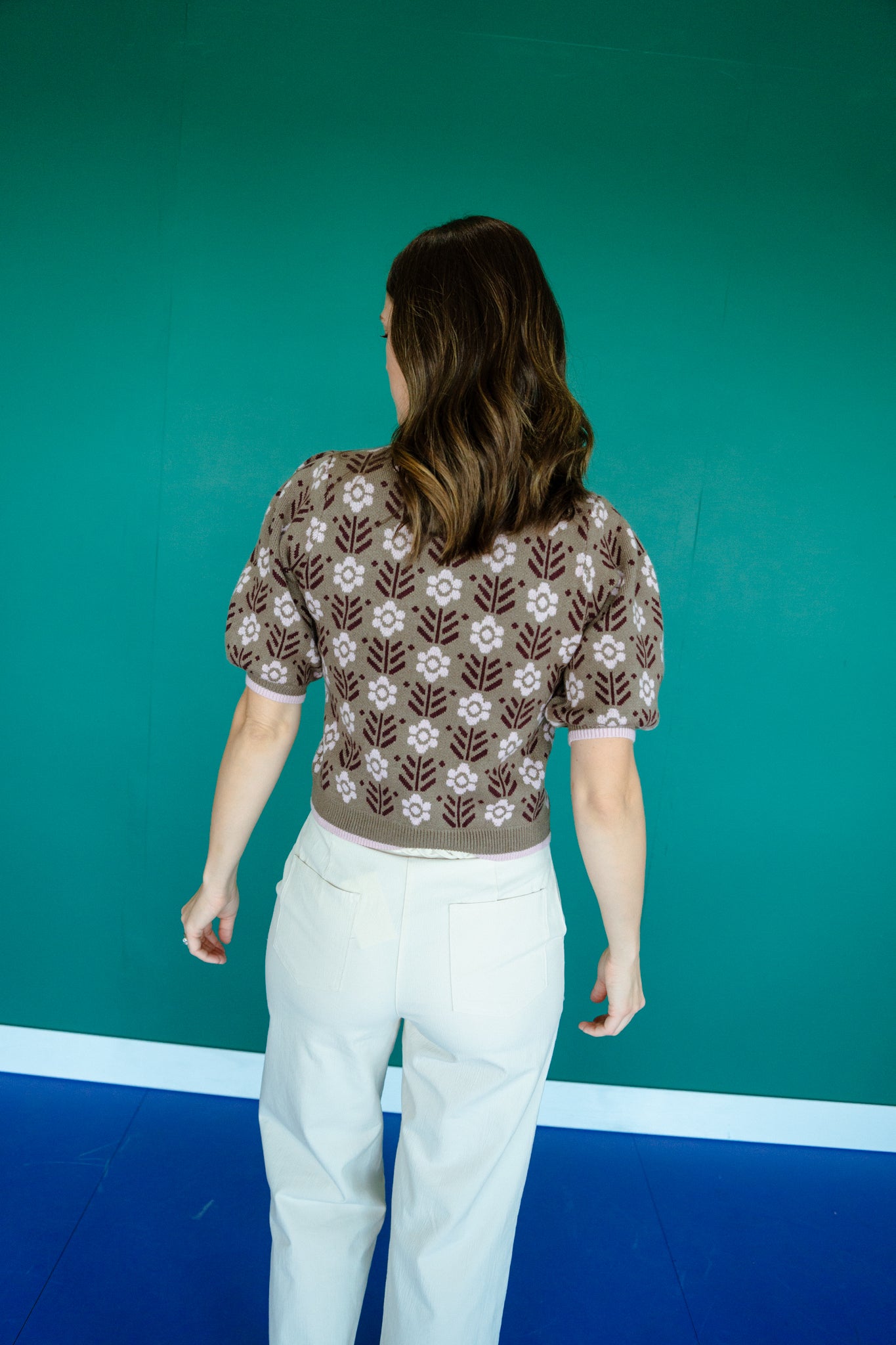 Ellen Short Sleeve Sweater - Olive + Light Rosewood