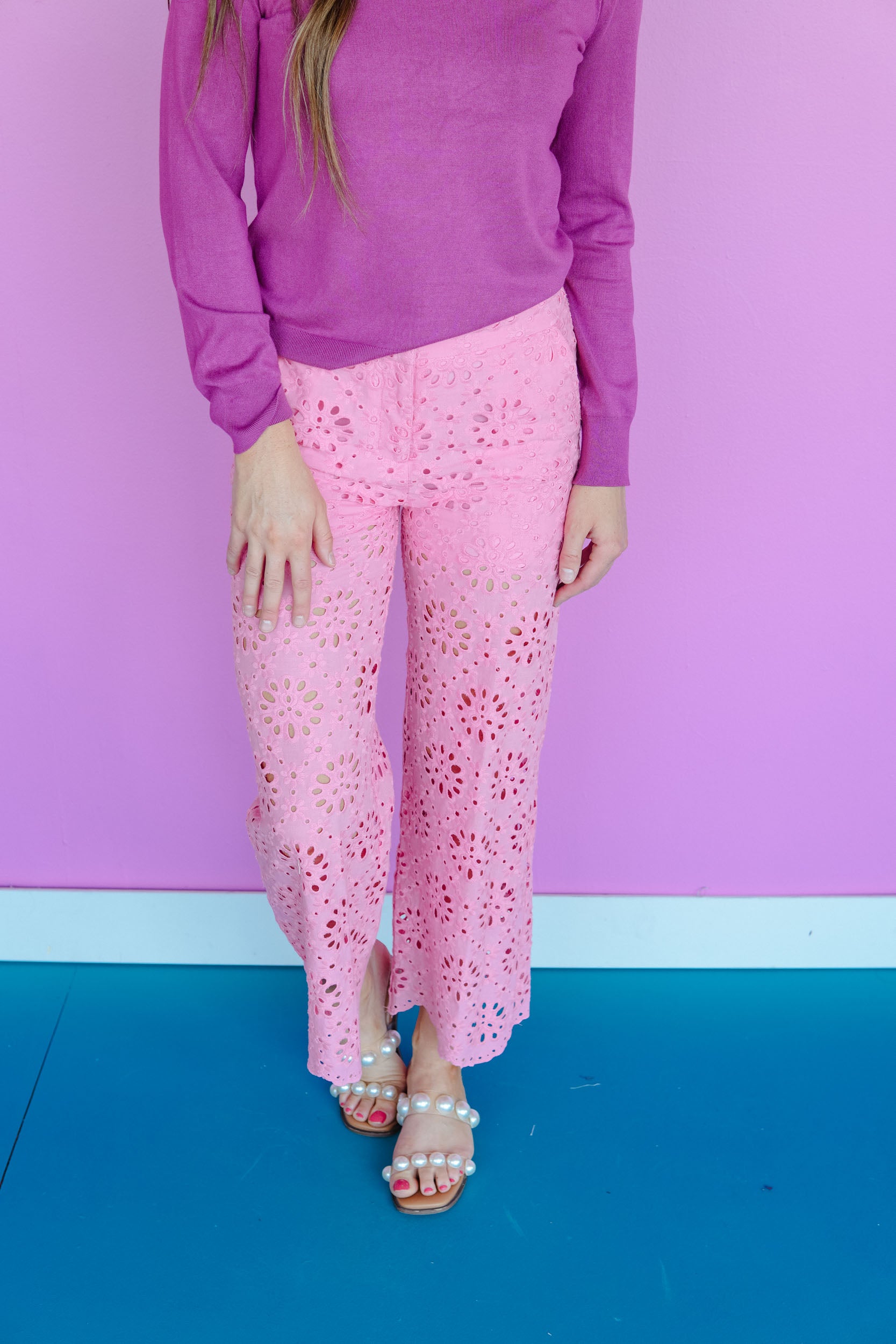 Betsy Eyelet Wide Leg Pants - Light Rose