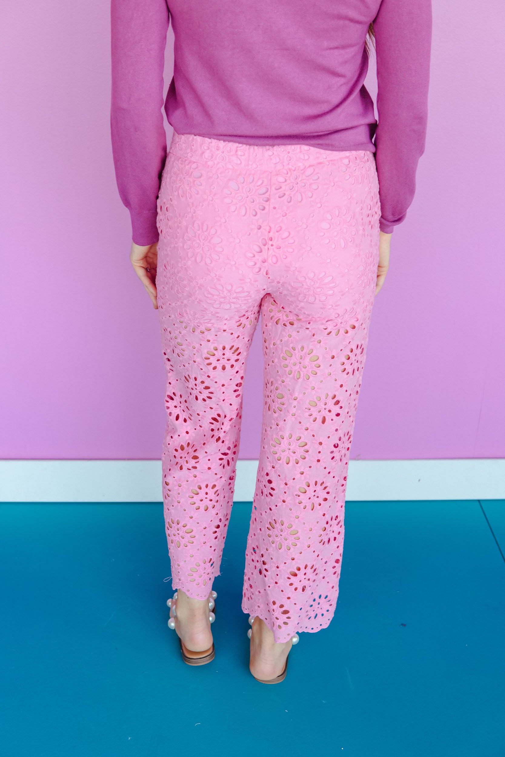 Betsy Eyelet Wide Leg Pants - Light Rose