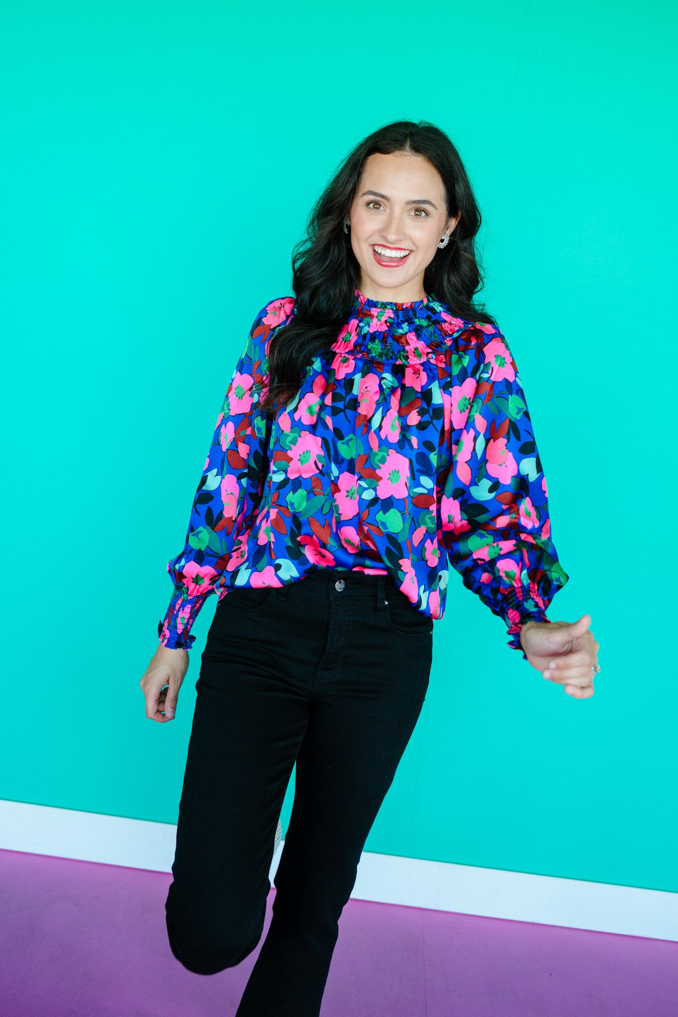 Vivi Satin Floral Blouse - Navy + Fuchsia + Pine