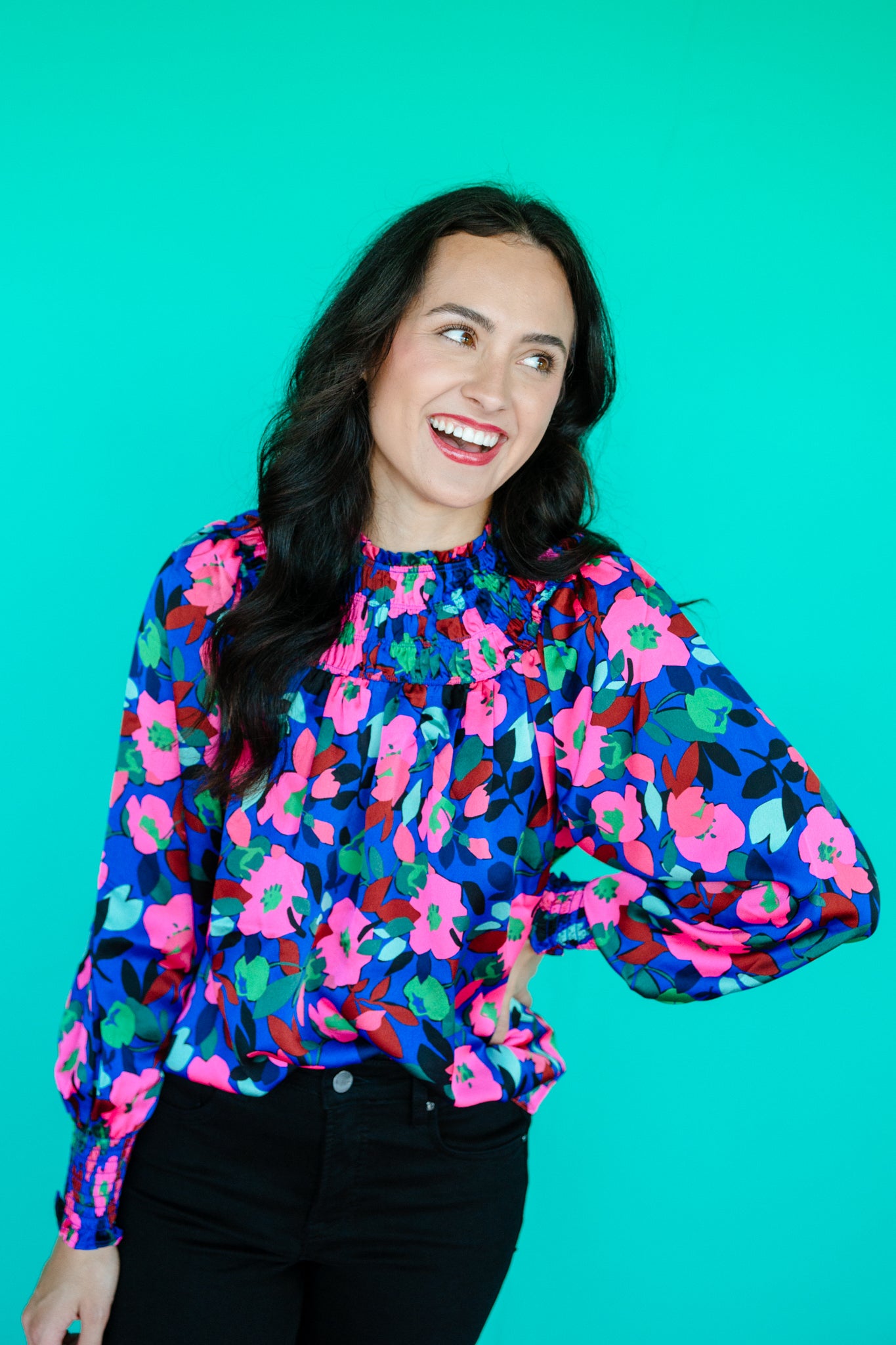 Vivi Satin Floral Blouse - Navy + Fuchsia + Pine