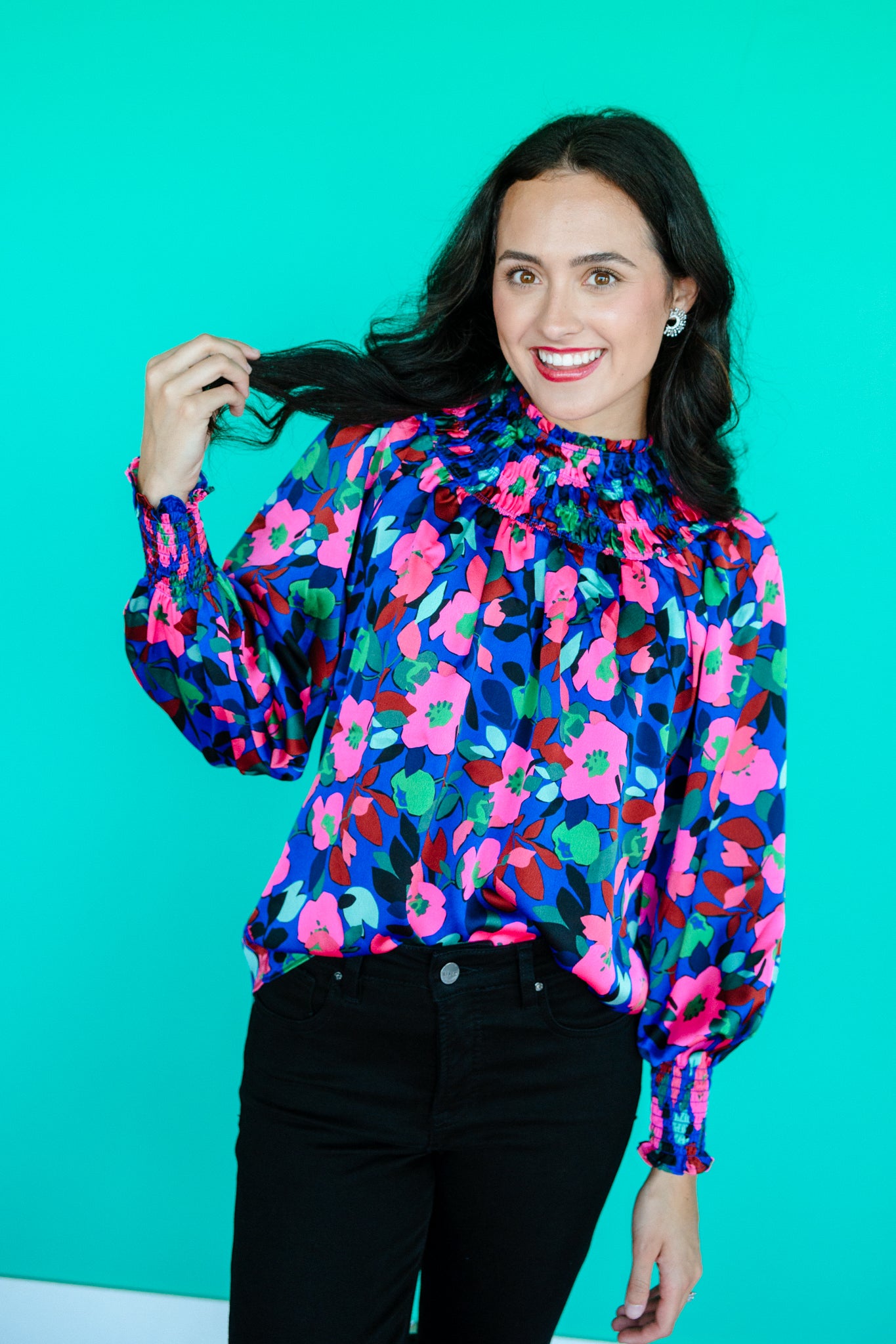 Vivi Satin Floral Blouse - Navy + Fuchsia + Pine