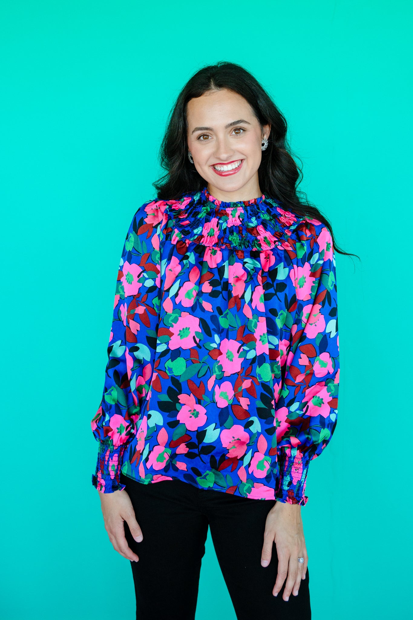 Vivi Satin Floral Blouse - Navy + Fuchsia + Pine