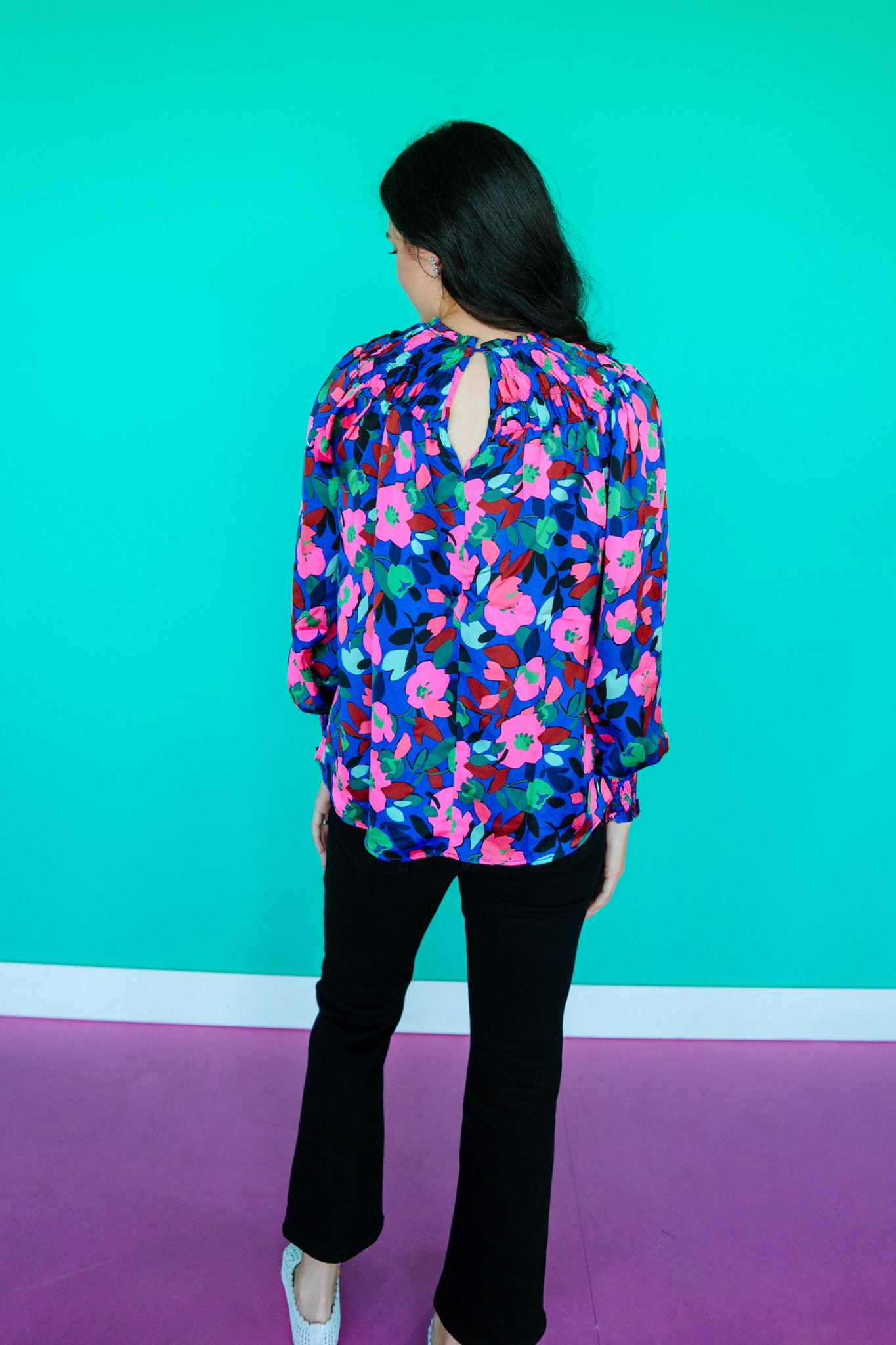 Vivi Satin Floral Blouse - Navy + Fuchsia + Pine