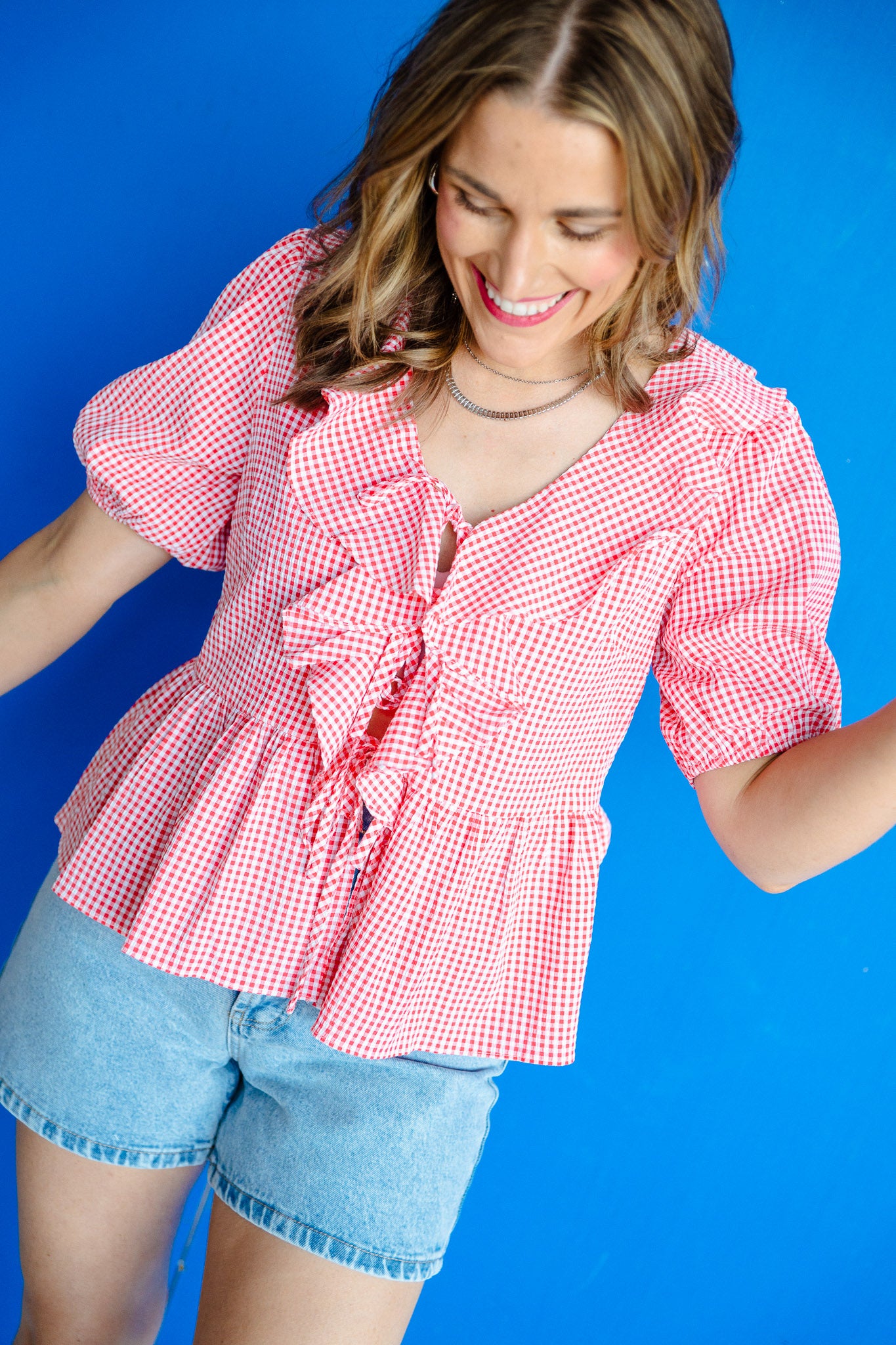 Madisyn Gingham Ruffle Blouse - Scarlet + Bright White