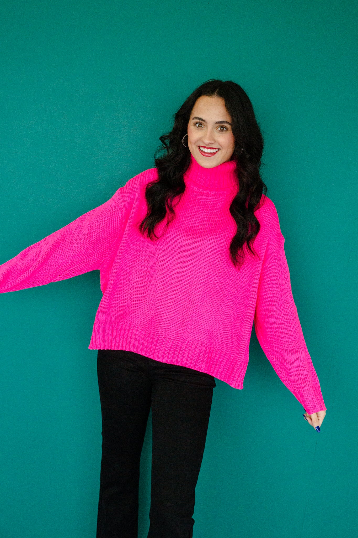 Sandie Side Slit Turtleneck - Hot Pink