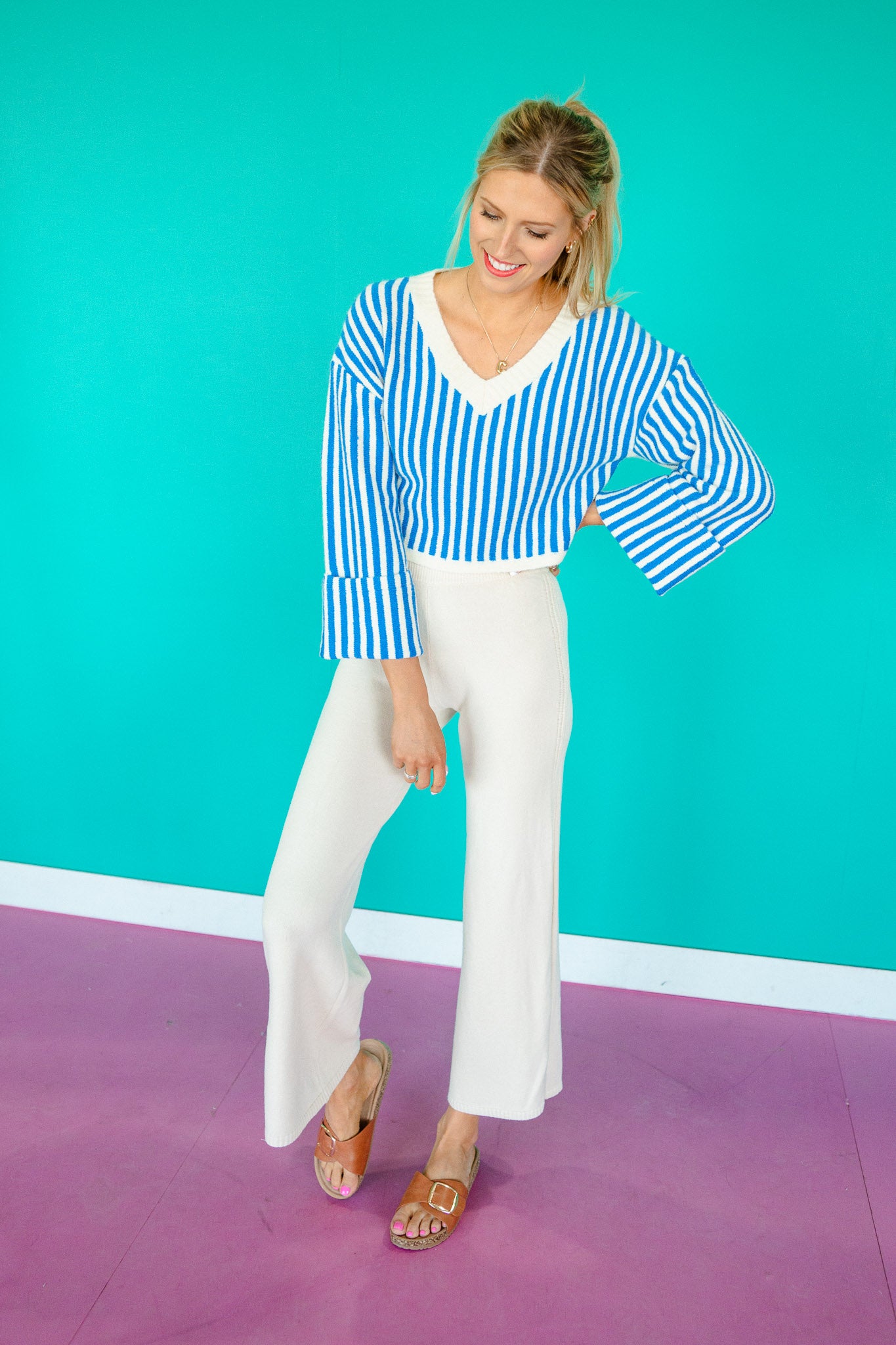 Zellie Striped V-Neck Sweater - Bright Blue + Oatmeal