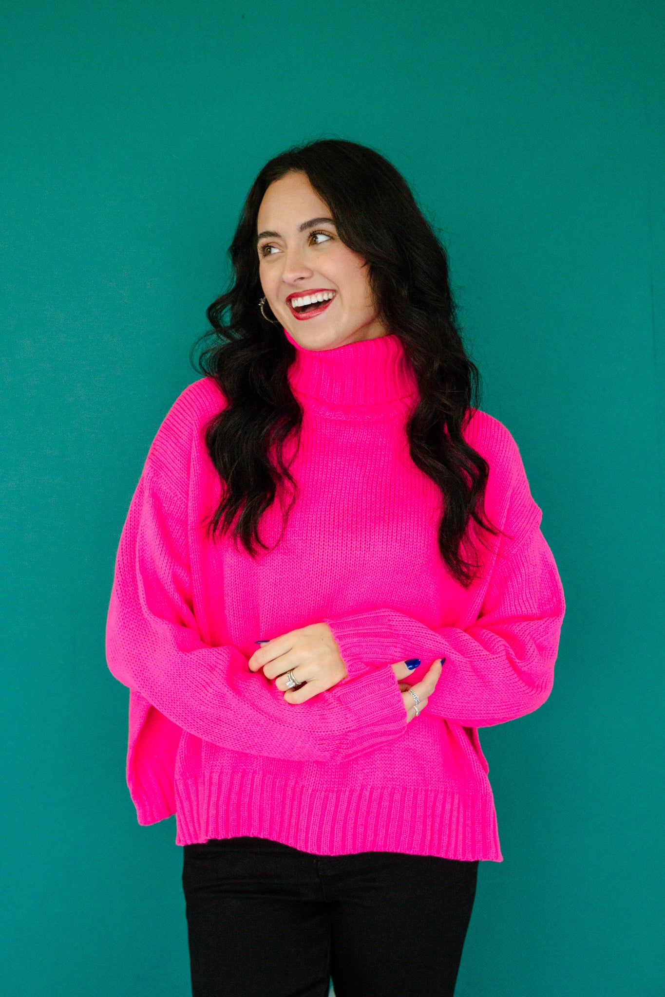 Sandie Side Slit Turtleneck - Hot Pink
