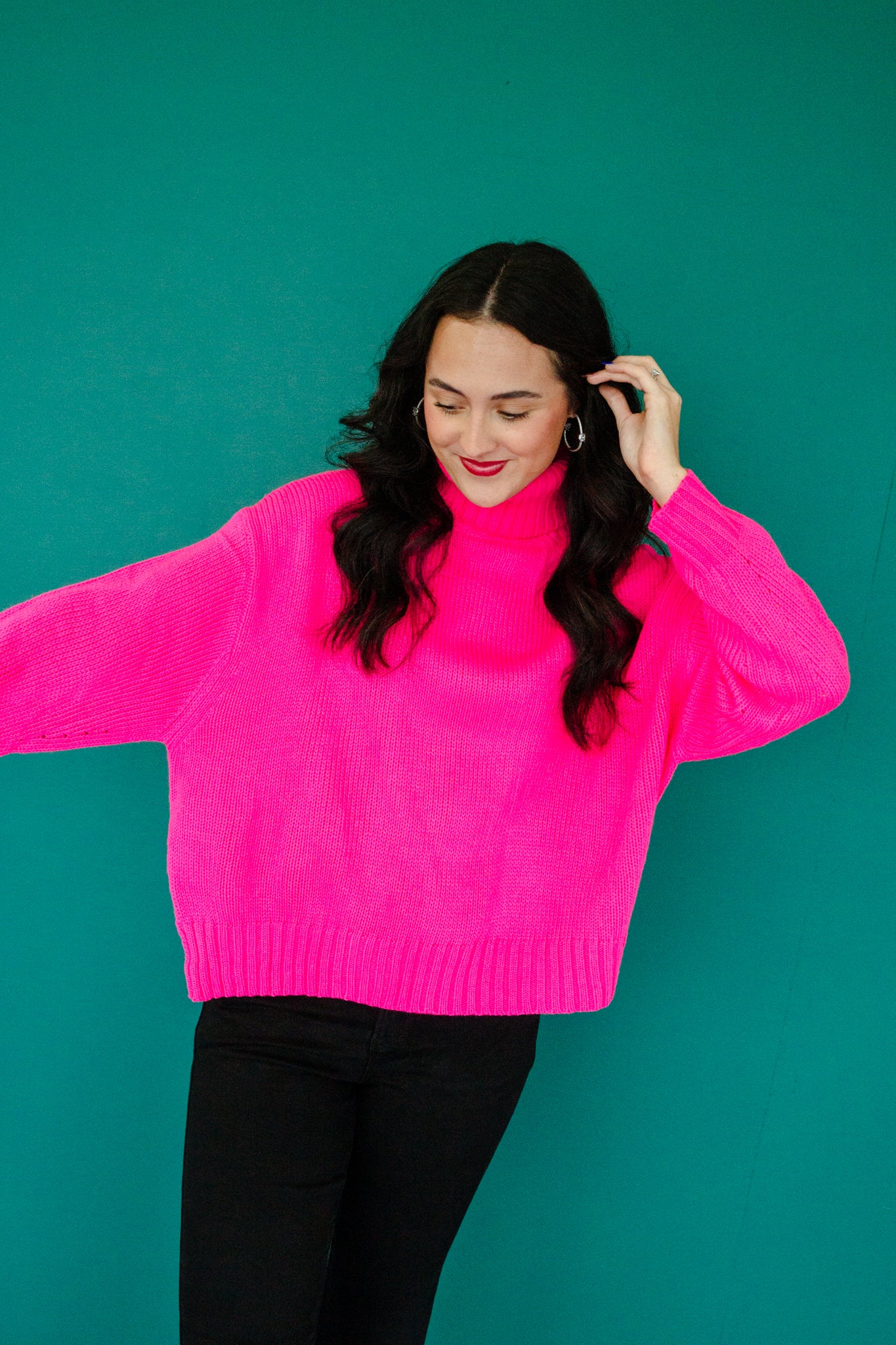 Sandie Side Slit Turtleneck - Hot Pink