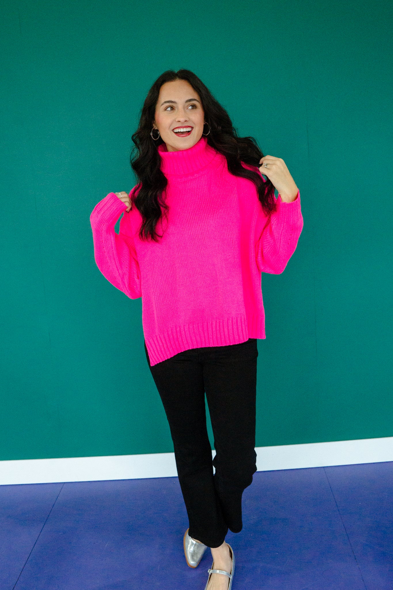 Sandie Side Slit Turtleneck - Hot Pink