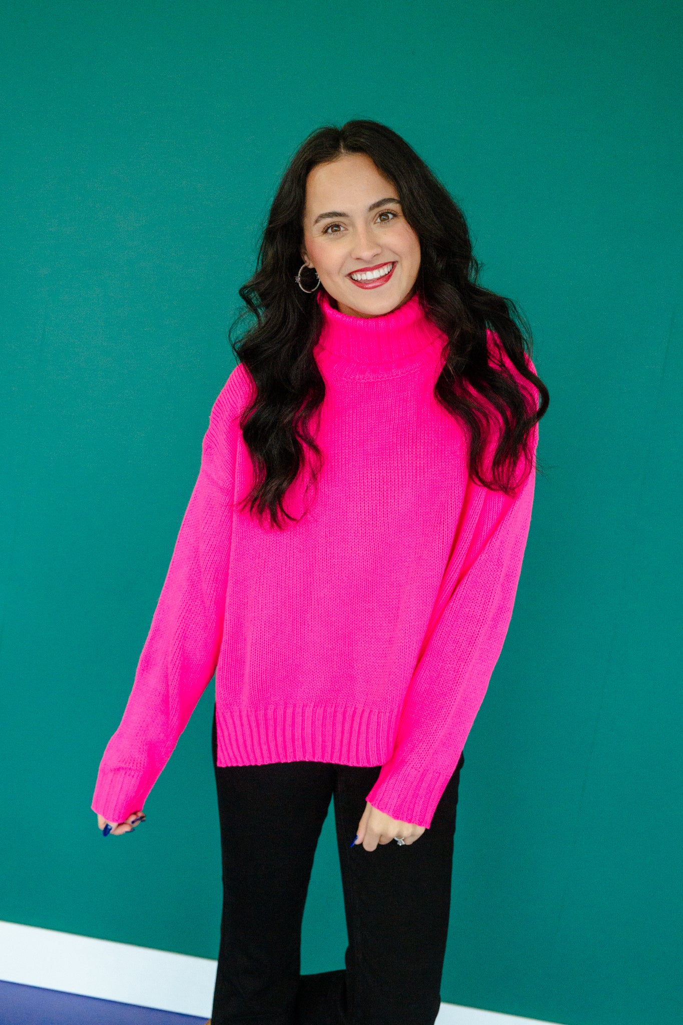 Sandie Side Slit Turtleneck - Hot Pink
