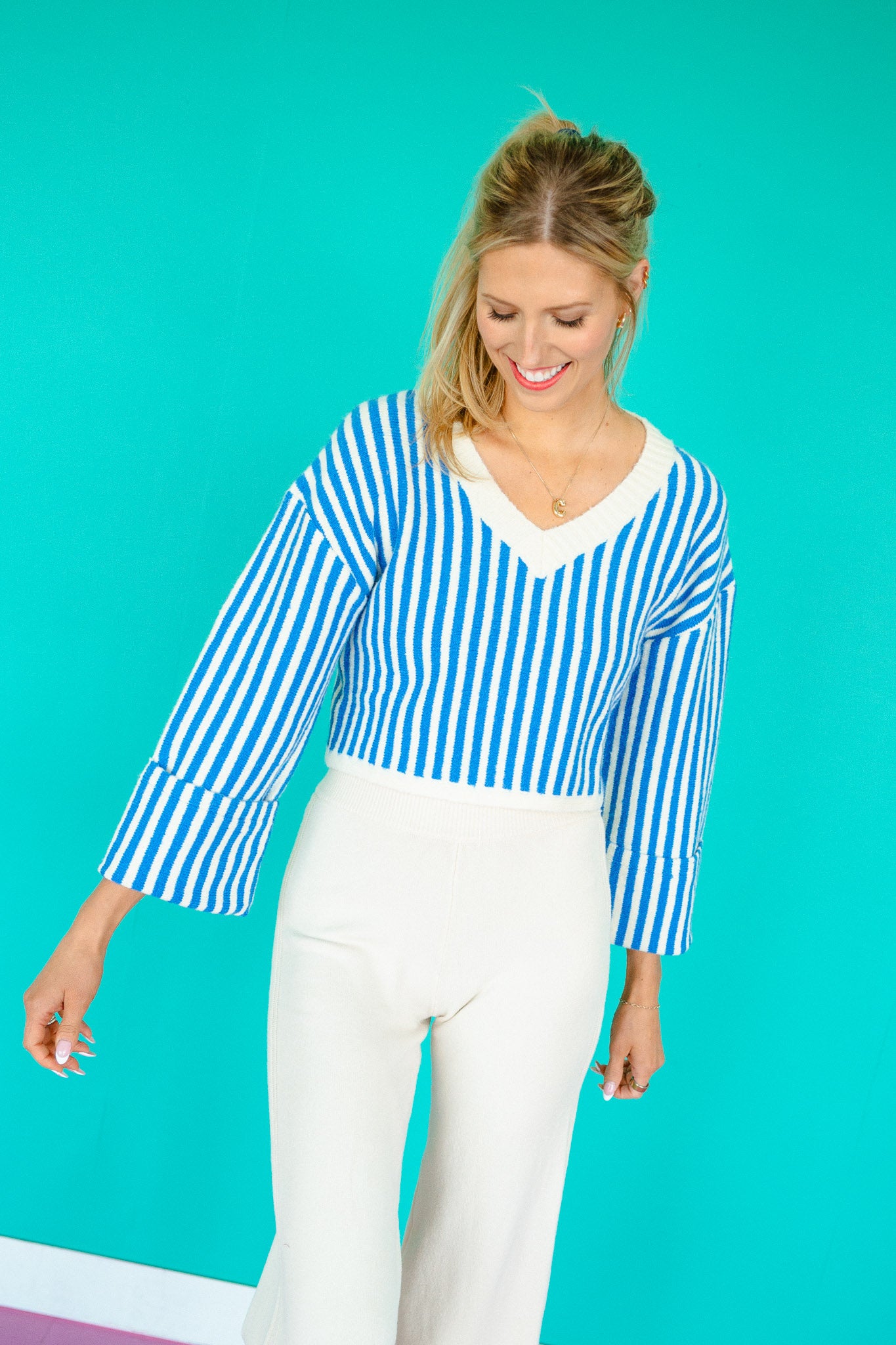 Zellie Striped V-Neck Sweater - Bright Blue + Oatmeal