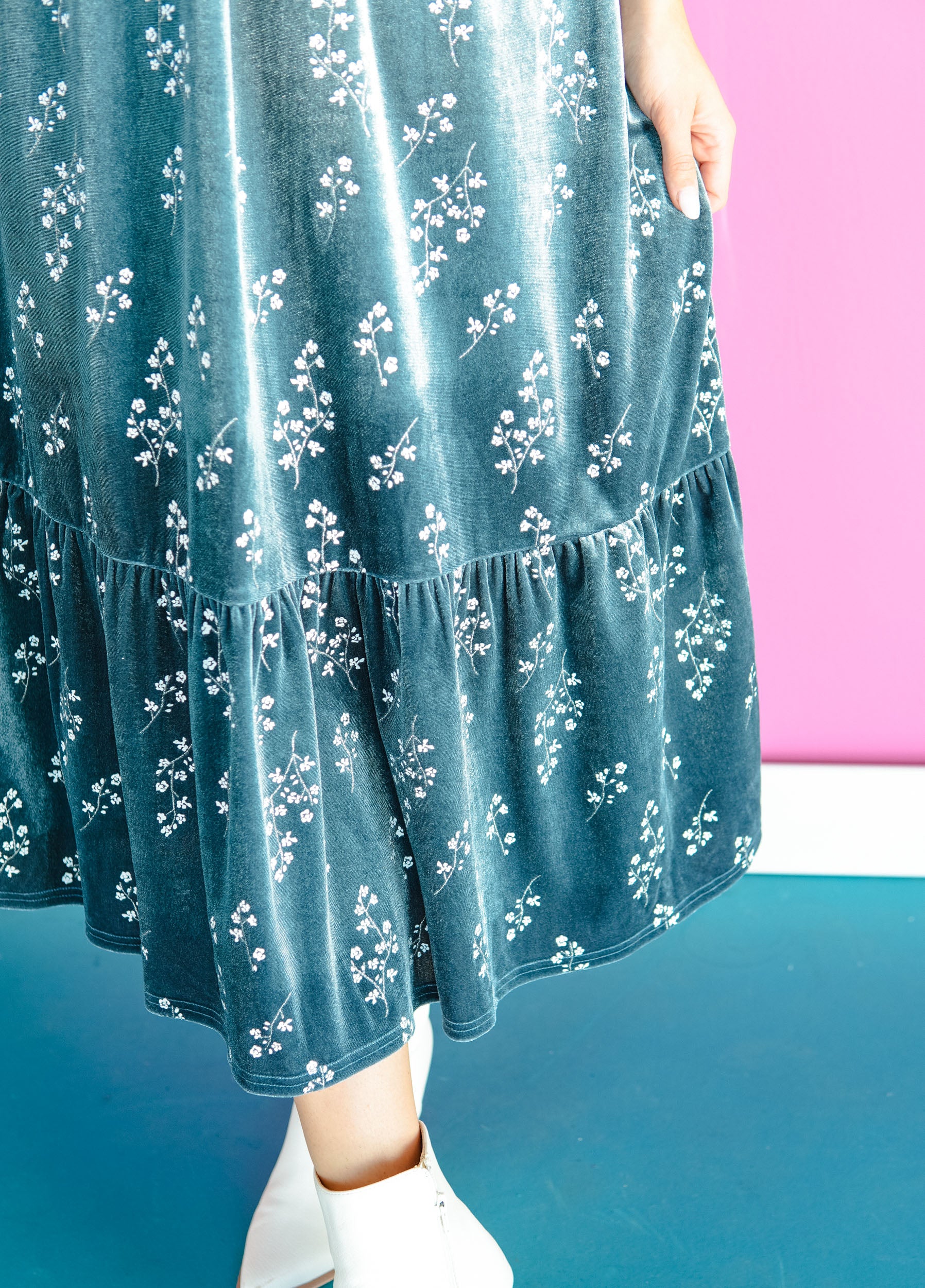 Moonlit Market Floral Velvet Dress - Dark Blue Grey