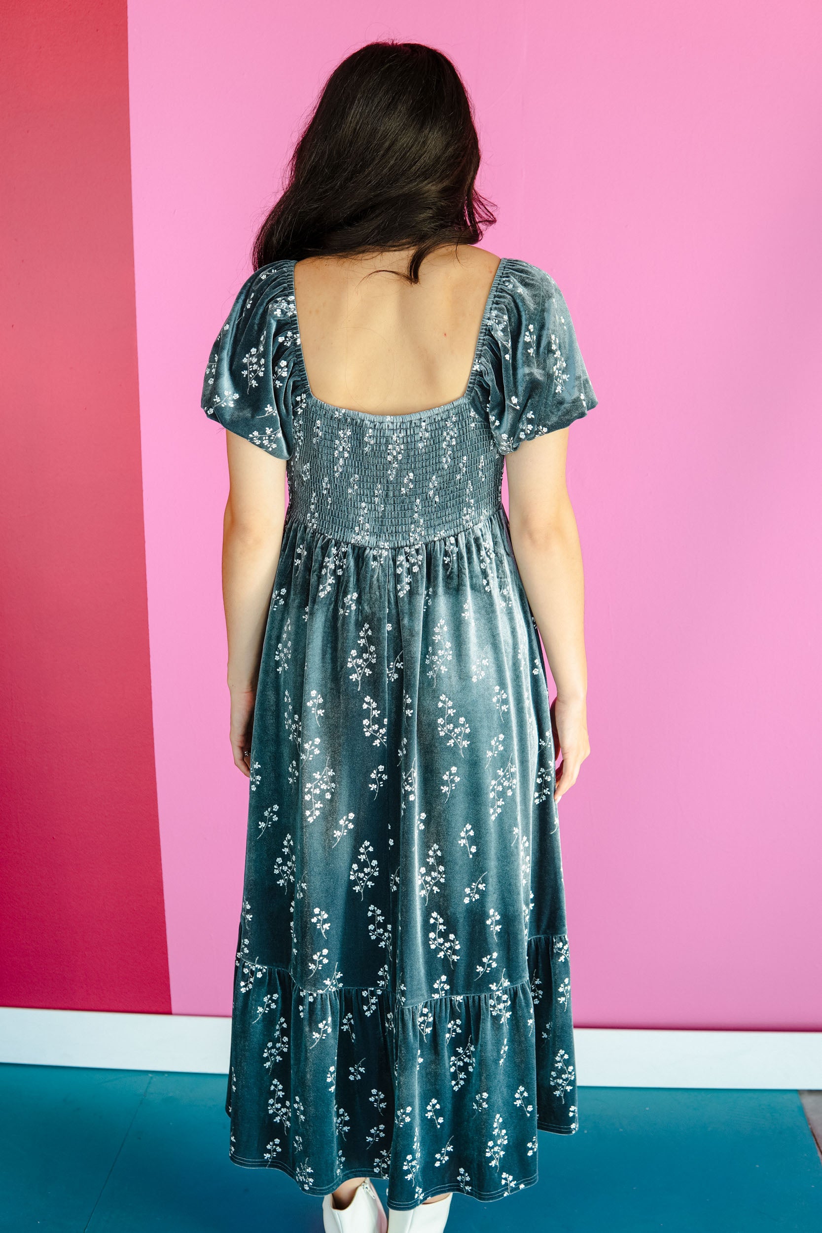 Moonlit Market Floral Velvet Dress - Dark Blue Grey