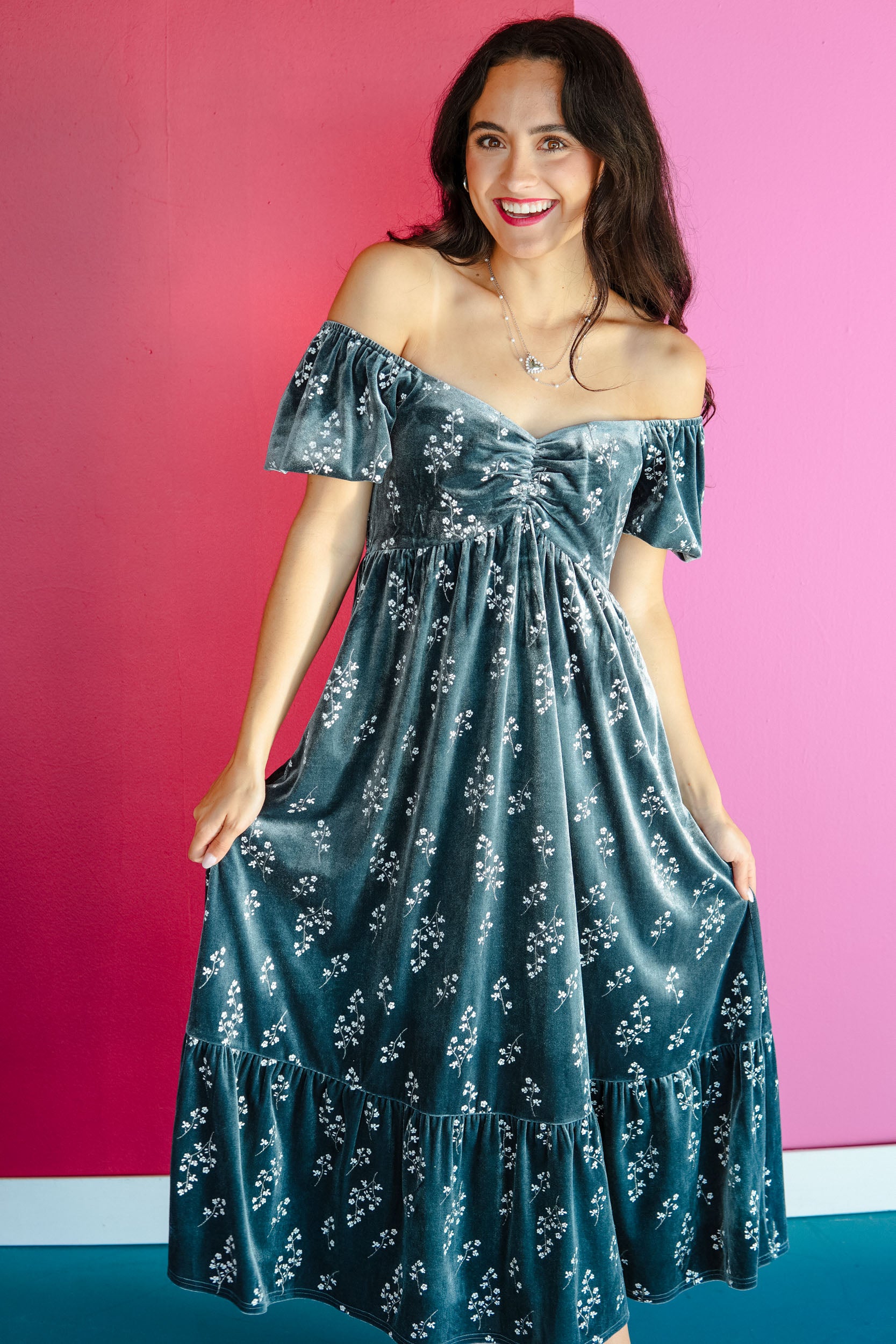 Moonlit Market Floral Velvet Dress - Dark Blue Grey