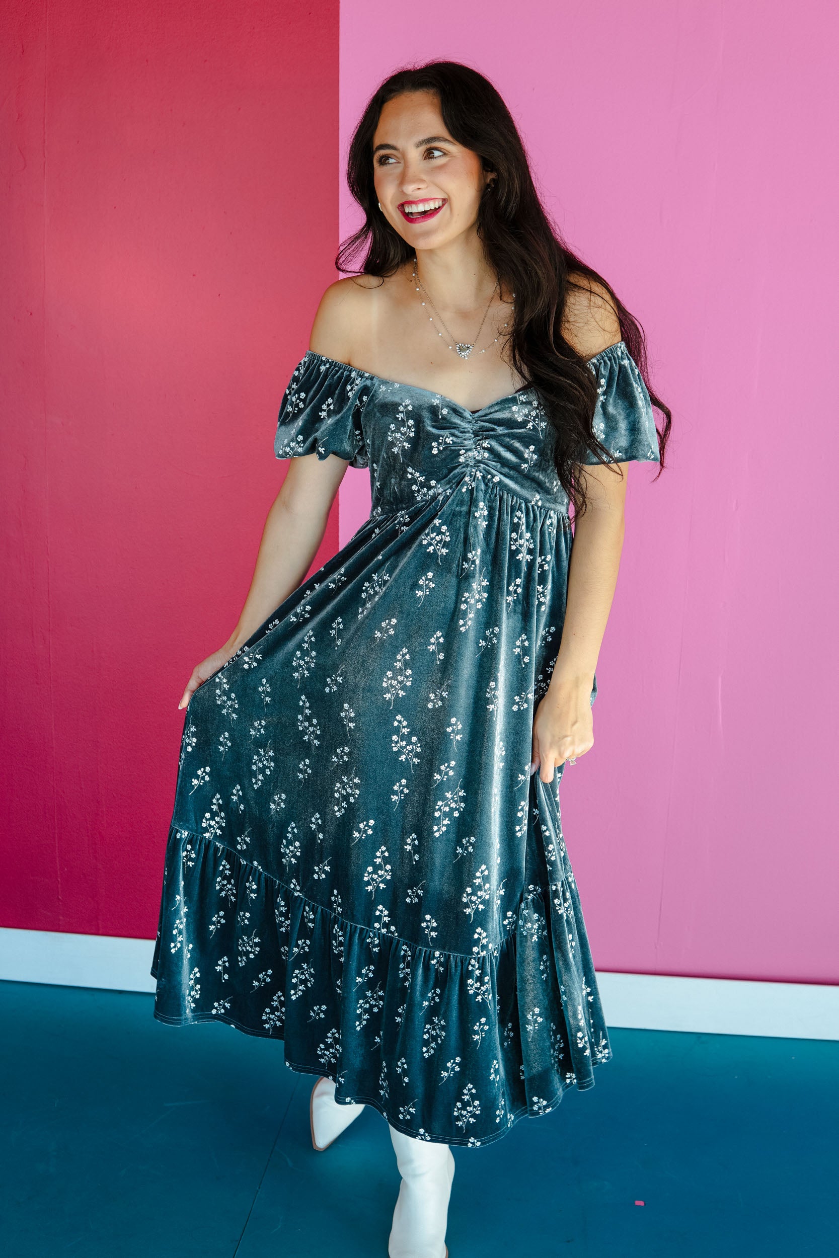 Moonlit Market Floral Velvet Dress - Dark Blue Grey