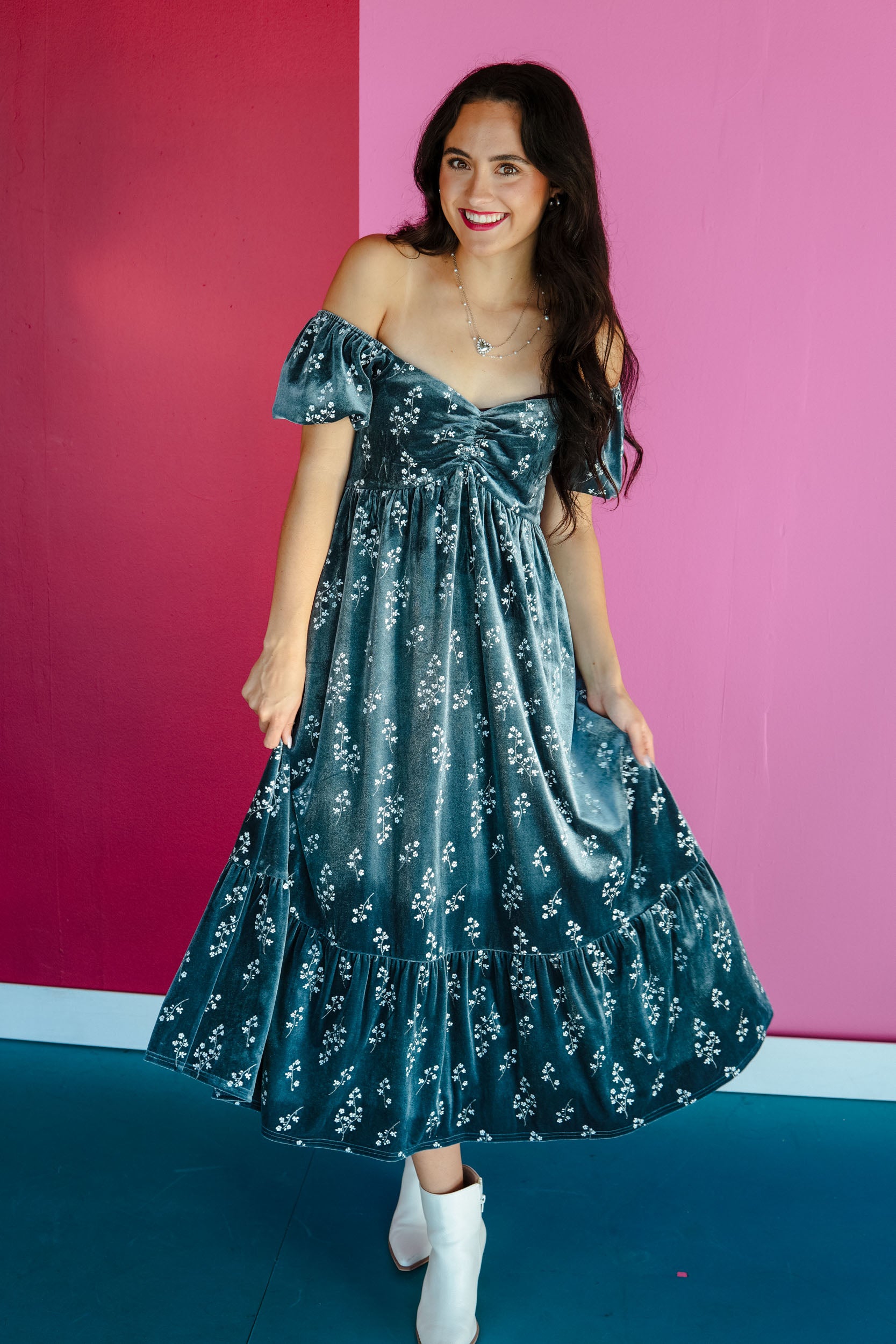 Moonlit Market Floral Velvet Dress - Dark Blue Grey