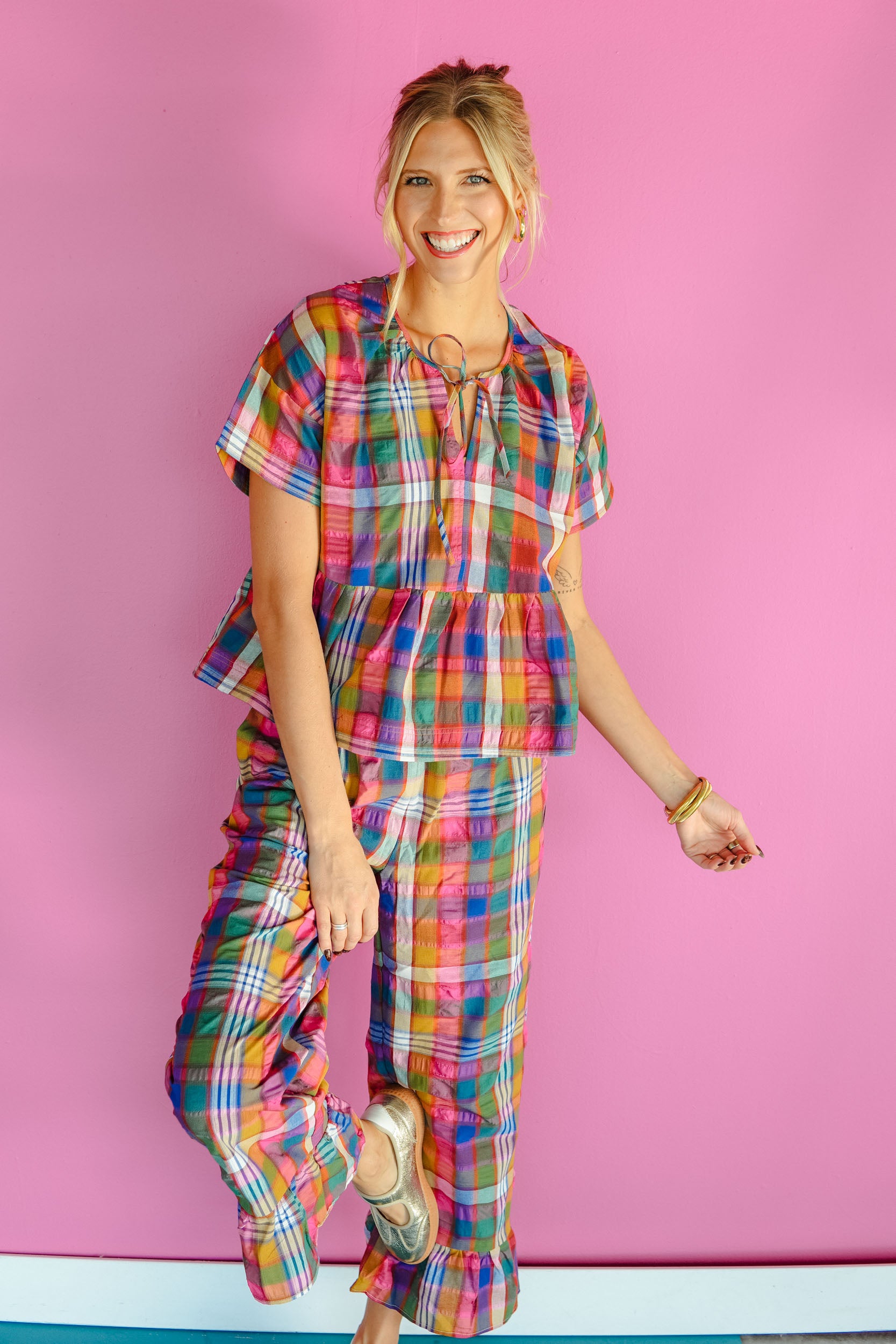 Quite the Catch Plaid Ruffle Pants - Multi