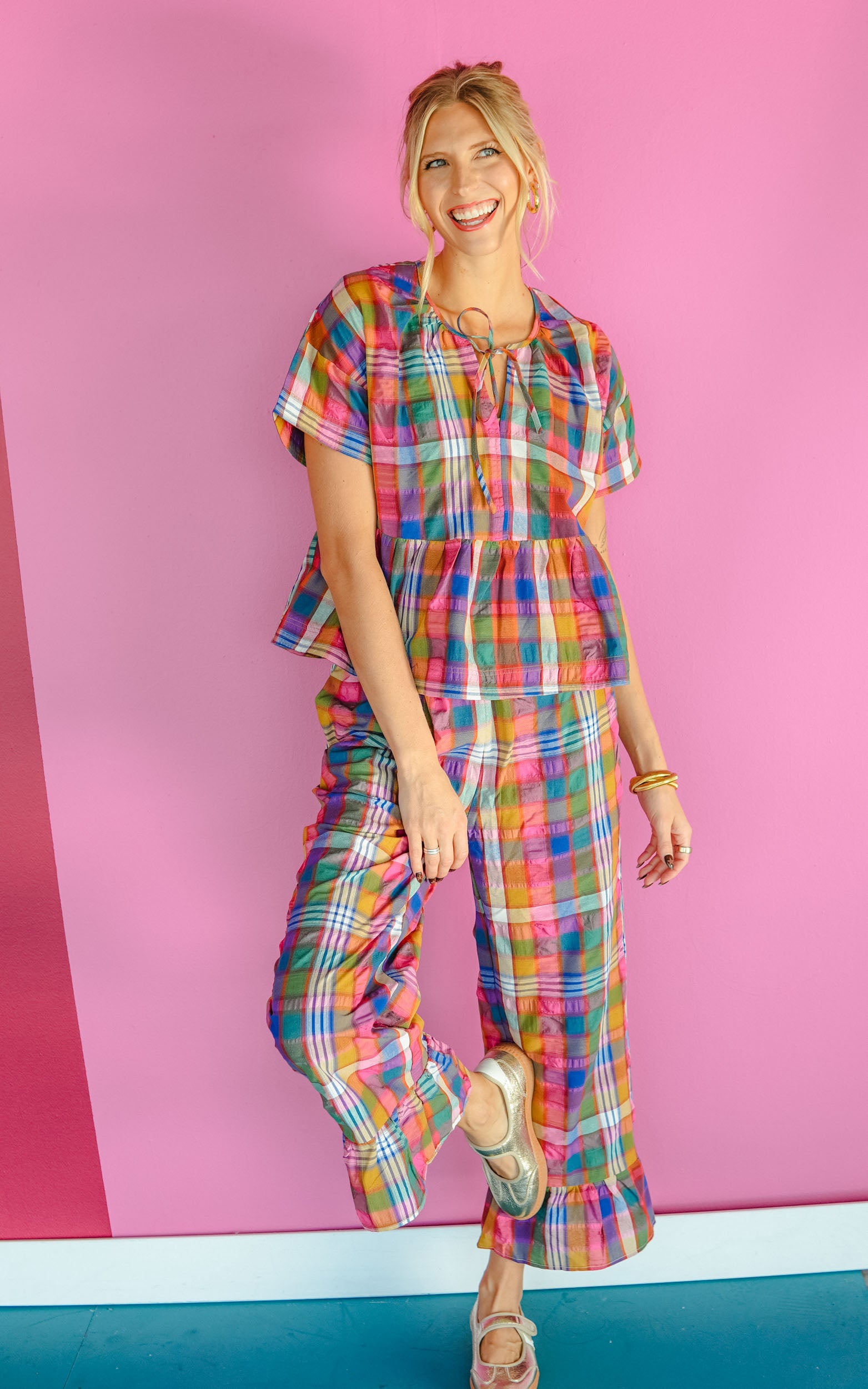 Quite the Catch Plaid Ruffle Pants - Multi
